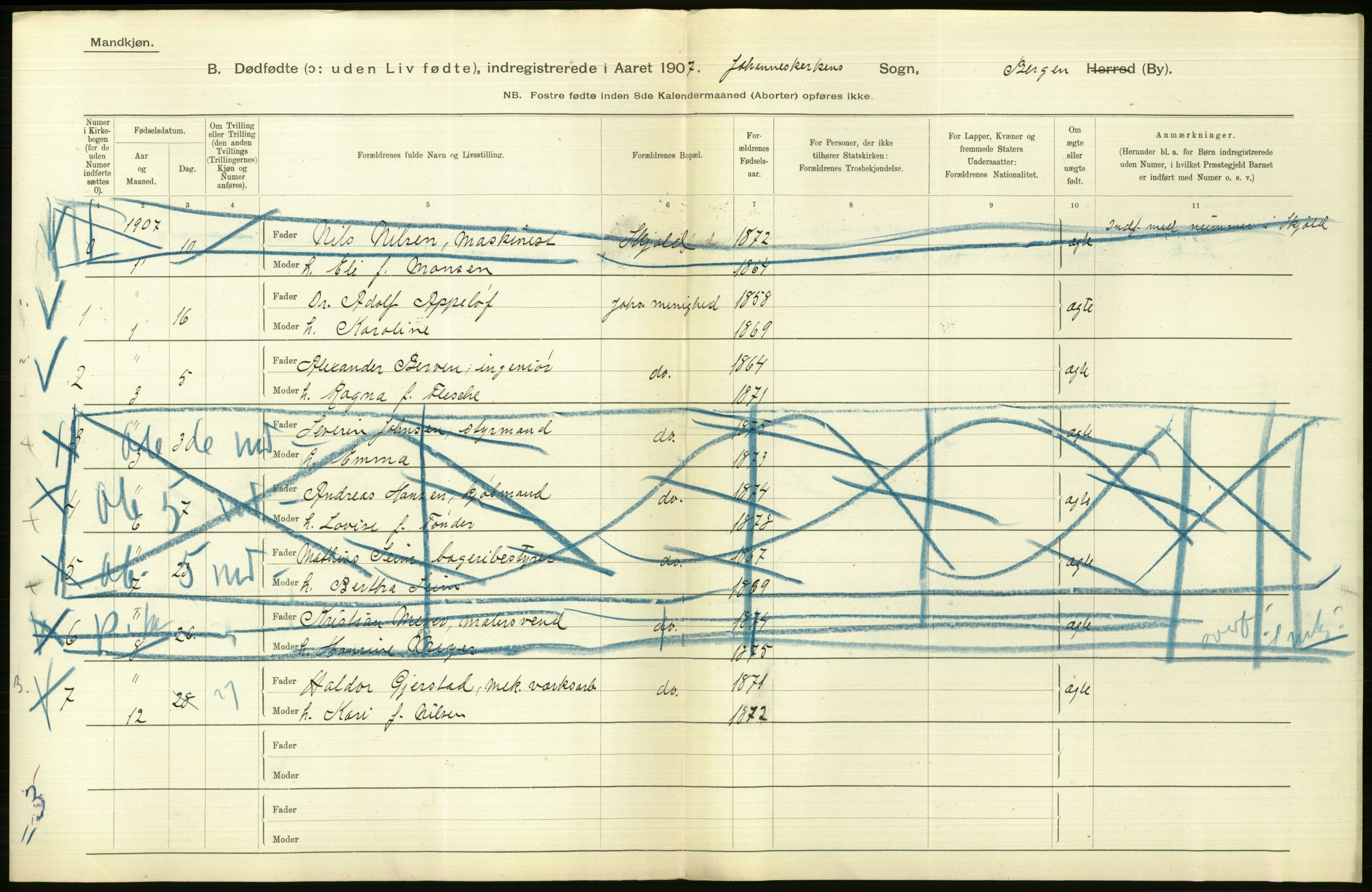 Statistisk sentralbyrå, Sosiodemografiske emner, Befolkning, AV/RA-S-2228/D/Df/Dfa/Dfae/L0031: Bergen: gifte, døde, dødfødte., 1907, p. 432