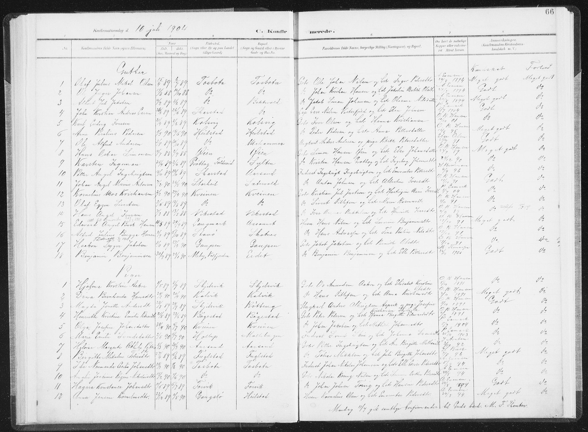 Ministerialprotokoller, klokkerbøker og fødselsregistre - Nordland, AV/SAT-A-1459/810/L0153: Parish register (official) no. 810A12, 1899-1914, p. 66