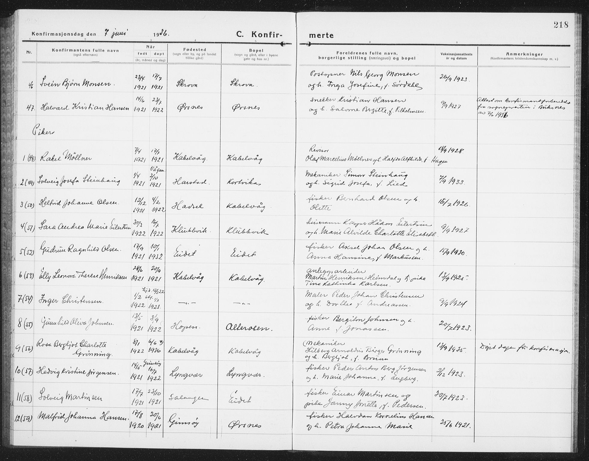 Ministerialprotokoller, klokkerbøker og fødselsregistre - Nordland, AV/SAT-A-1459/874/L1081: Parish register (copy) no. 874C10, 1925-1941, p. 218