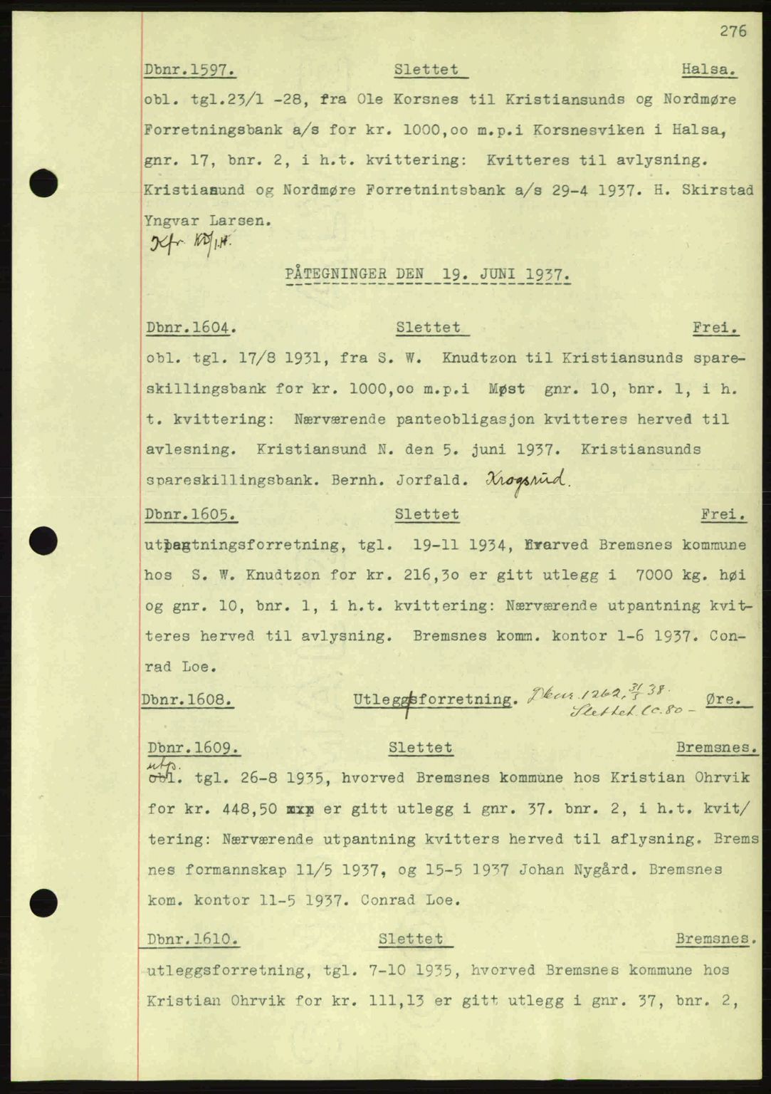 Nordmøre sorenskriveri, AV/SAT-A-4132/1/2/2Ca: Mortgage book no. C80, 1936-1939, Diary no: : 1597/1937