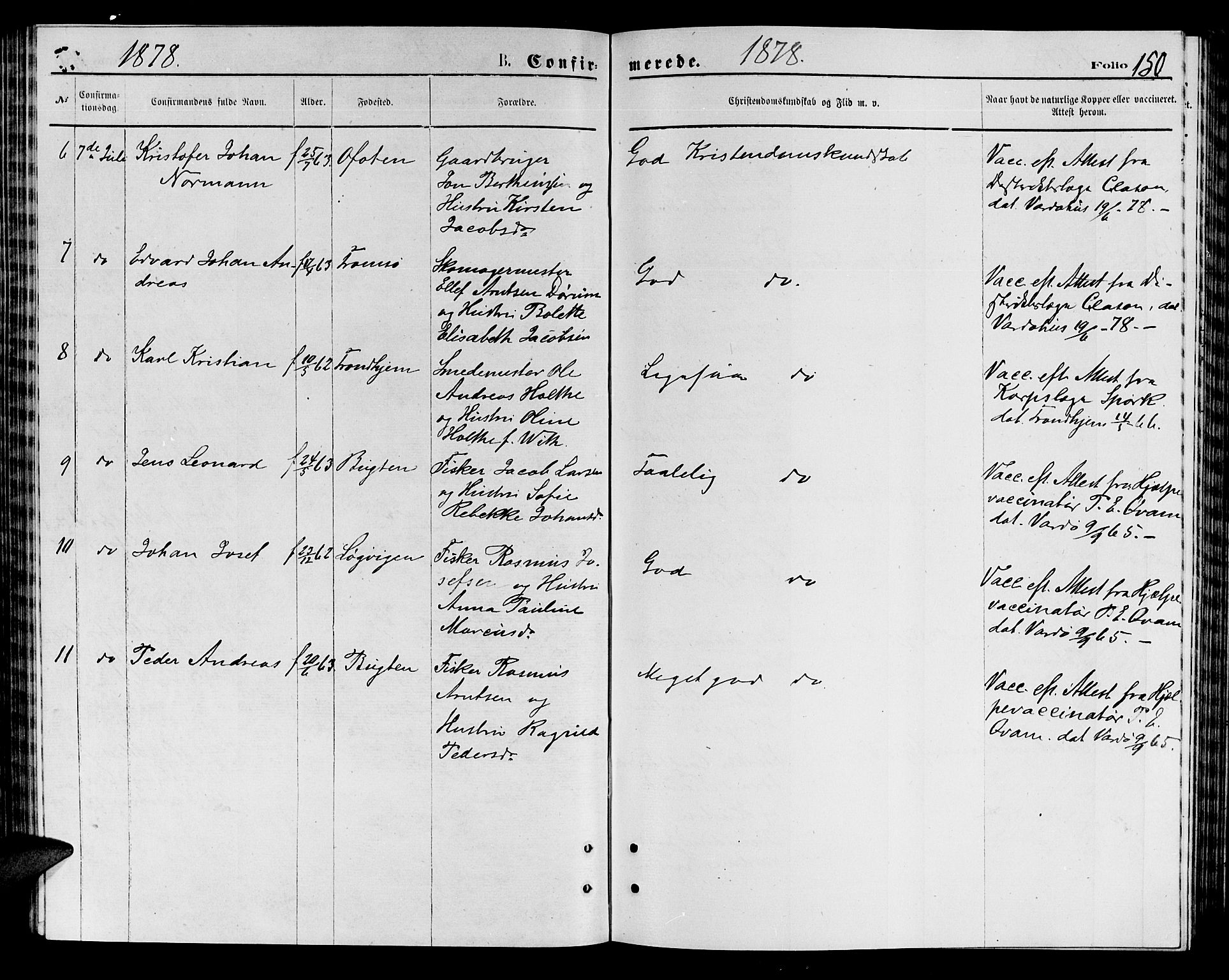 Vardø sokneprestkontor, SATØ/S-1332/H/Hb/L0003klokker: Parish register (copy) no. 3, 1871-1878, p. 150