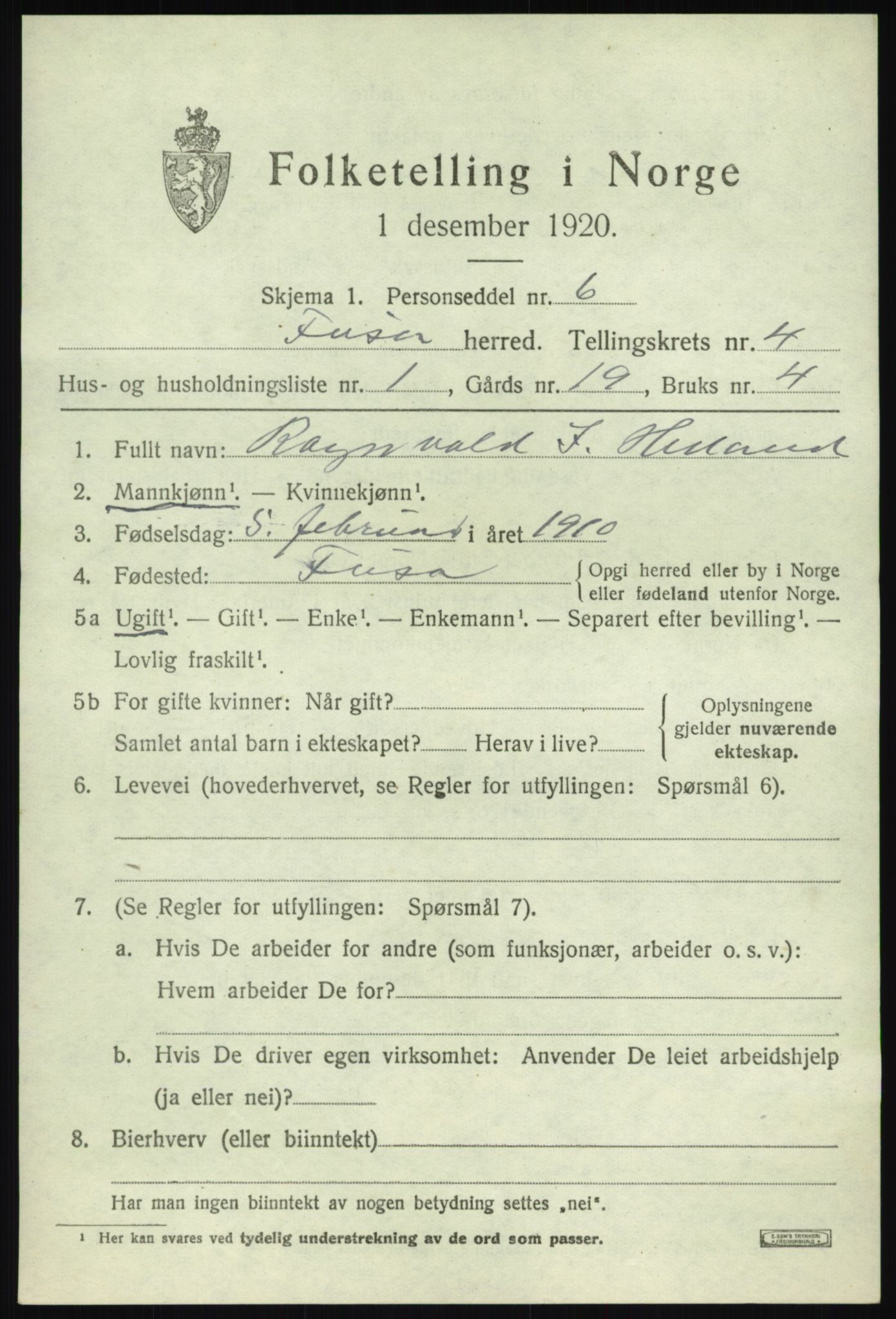 SAB, 1920 census for Fusa, 1920, p. 1559