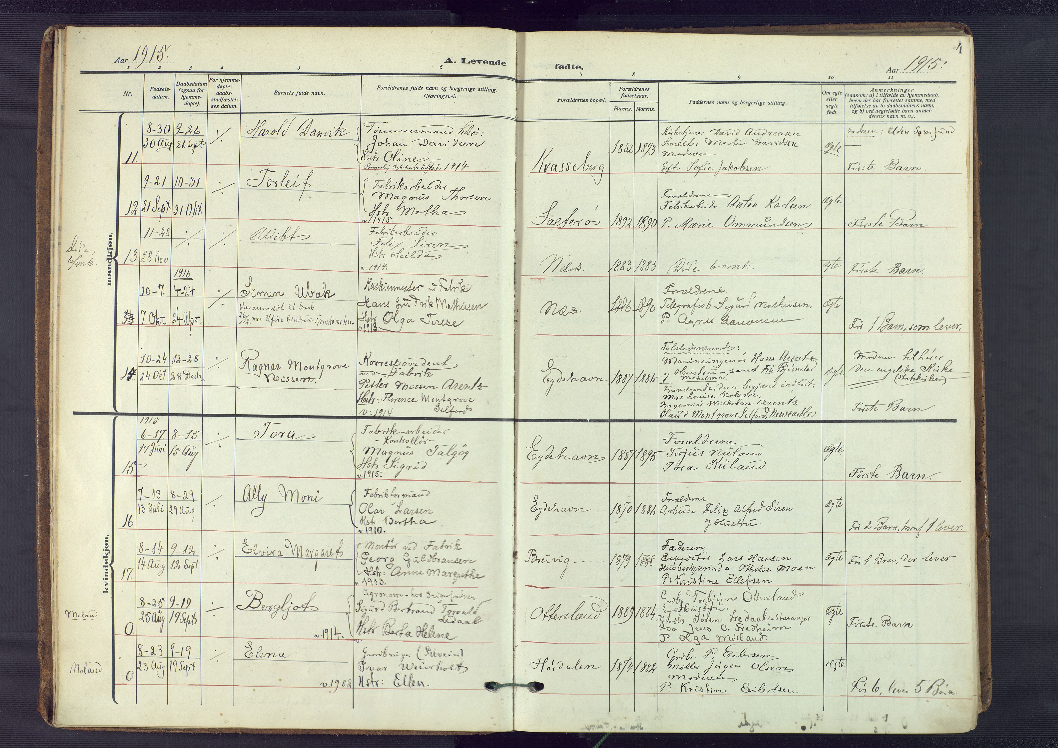 Austre Moland sokneprestkontor, AV/SAK-1111-0001/F/Fa/Fab/L0003: Parish register (official) no. A 3, 1914-1927, p. 4