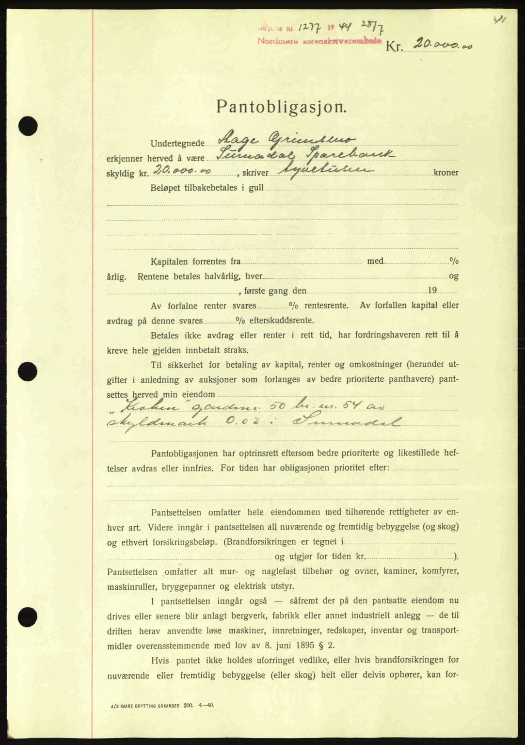 Nordmøre sorenskriveri, AV/SAT-A-4132/1/2/2Ca: Mortgage book no. B92, 1944-1945, Diary no: : 1277/1944