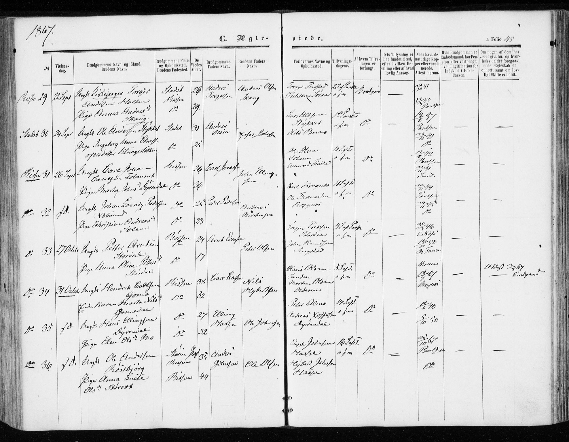 Ministerialprotokoller, klokkerbøker og fødselsregistre - Sør-Trøndelag, SAT/A-1456/646/L0612: Parish register (official) no. 646A10, 1858-1869, p. 45