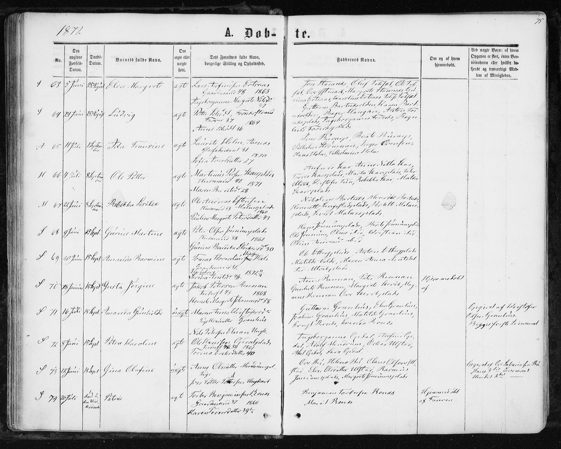 Ministerialprotokoller, klokkerbøker og fødselsregistre - Nord-Trøndelag, AV/SAT-A-1458/741/L0394: Parish register (official) no. 741A08, 1864-1877, p. 75