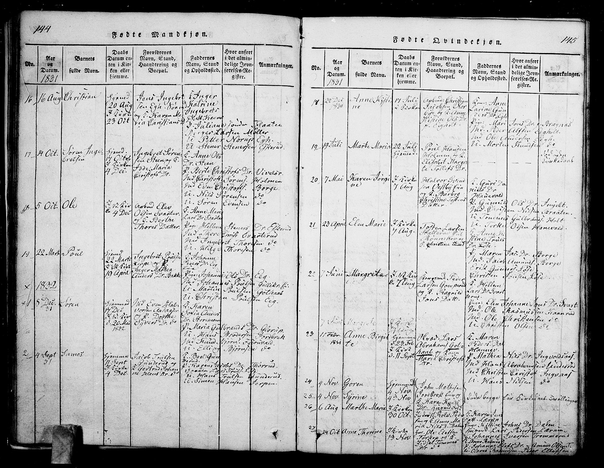 Skoger kirkebøker, SAKO/A-59/G/Ga/L0001: Parish register (copy) no. I 1, 1814-1845, p. 144-145
