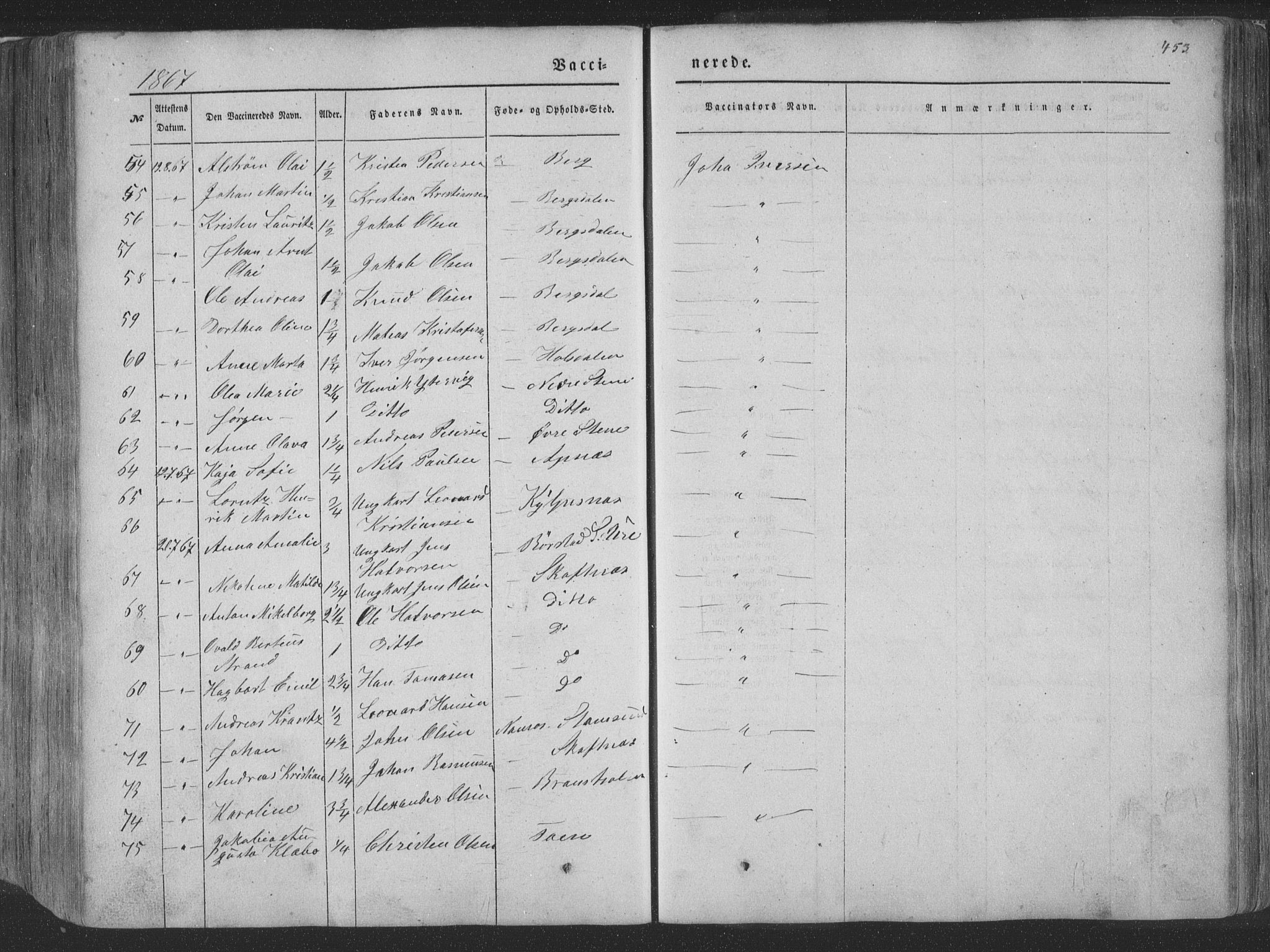 Ministerialprotokoller, klokkerbøker og fødselsregistre - Nordland, AV/SAT-A-1459/881/L1165: Parish register (copy) no. 881C02, 1854-1876, p. 453