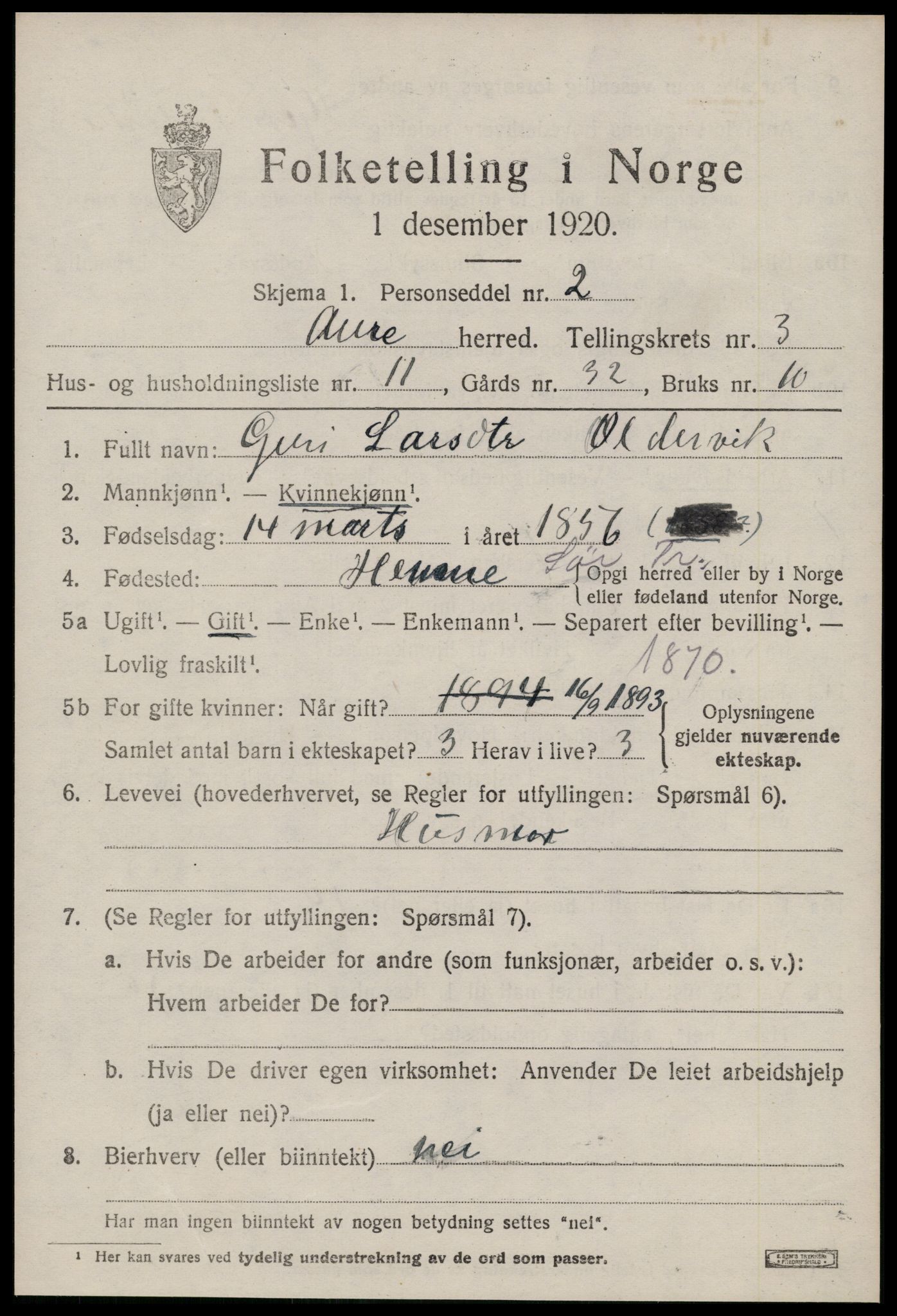 SAT, 1920 census for Aure, 1920, p. 1800