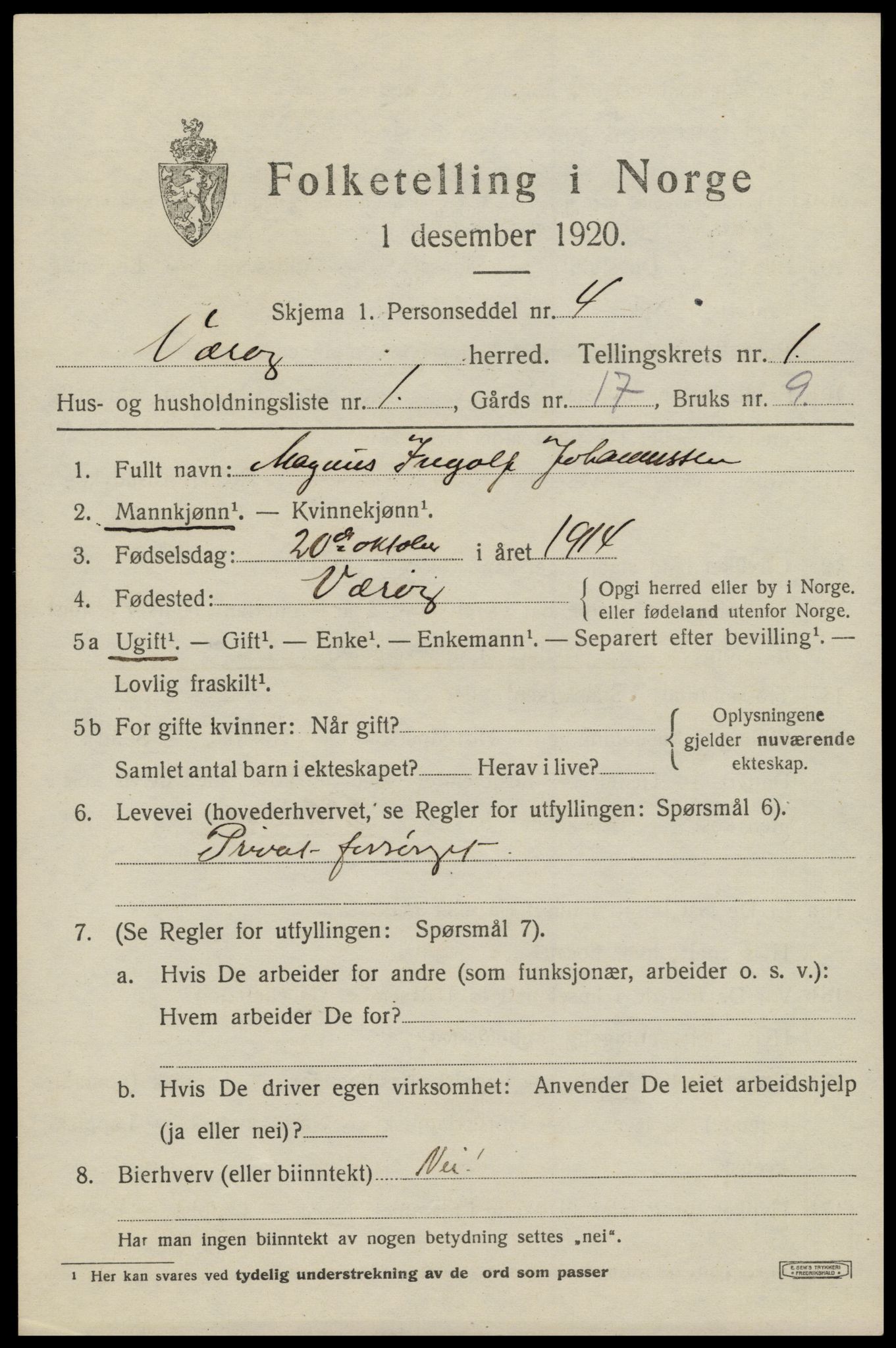 SAT, 1920 census for Værøy, 1920, p. 685