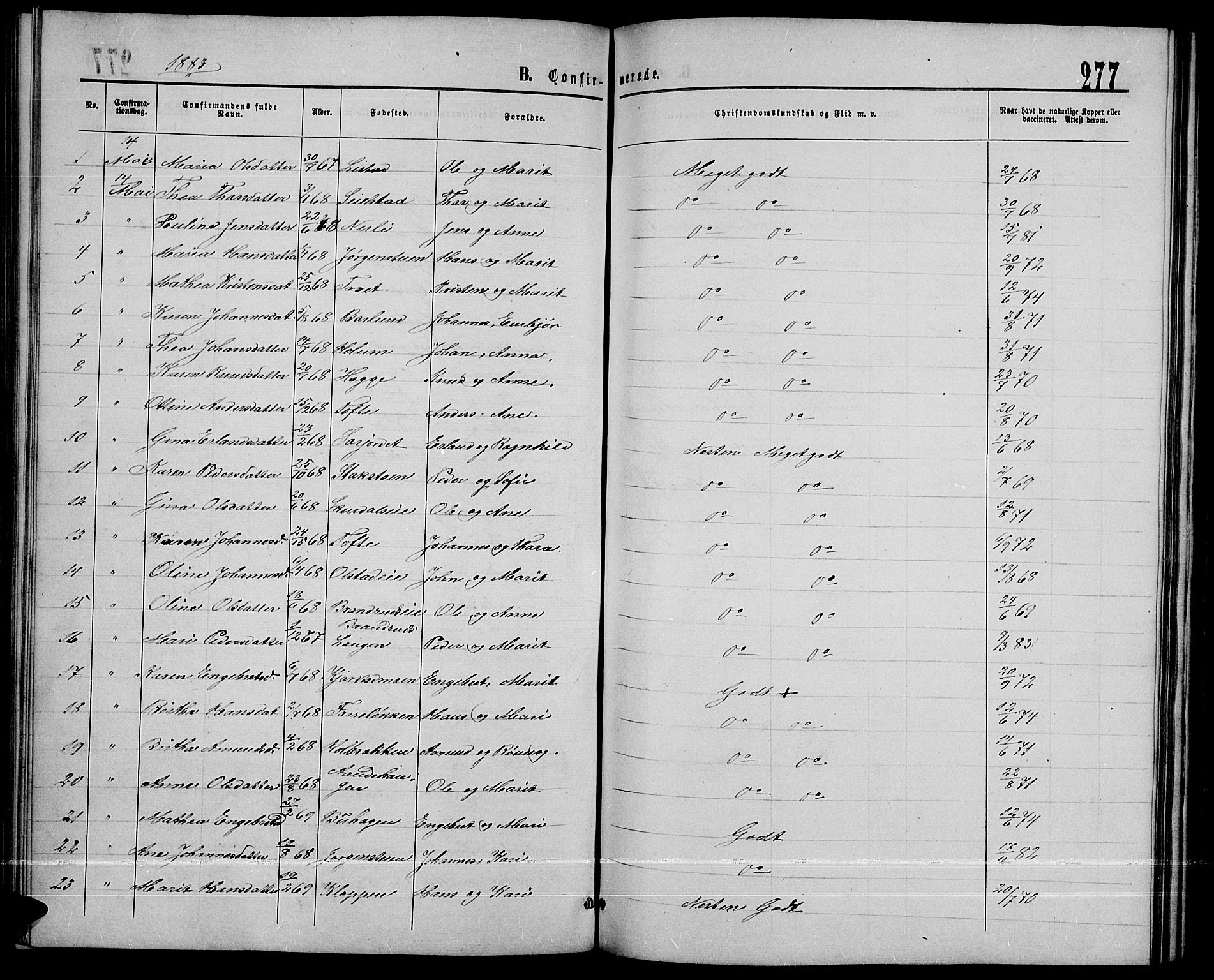 Sør-Fron prestekontor, SAH/PREST-010/H/Ha/Hab/L0002: Parish register (copy) no. 2, 1864-1883, p. 277
