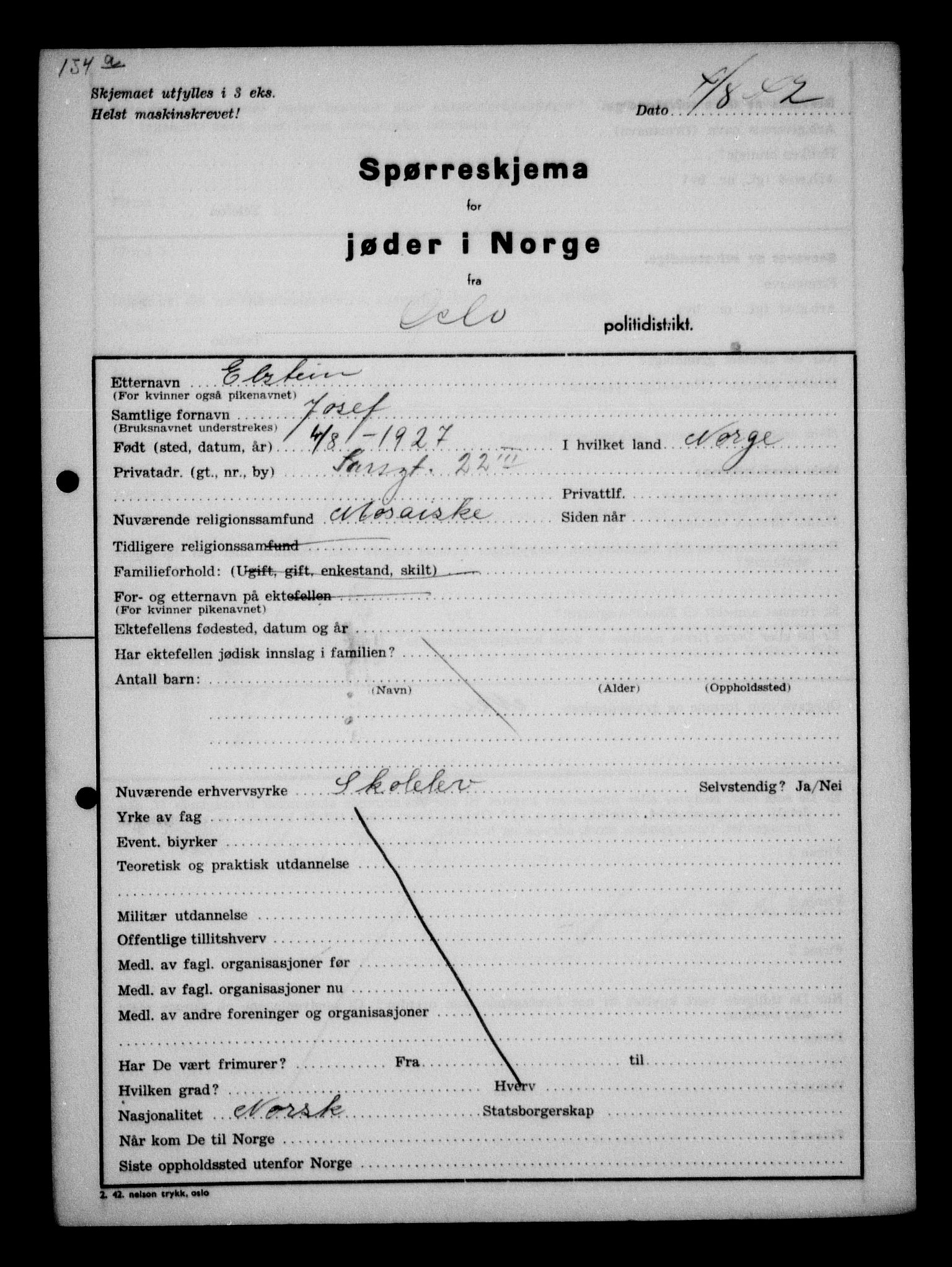 Statspolitiet - Hovedkontoret / Osloavdelingen, RA/S-1329/G/Ga/L0009: Spørreskjema for jøder i Norge, Oslo Alexander-Gutman, 1942, p. 154