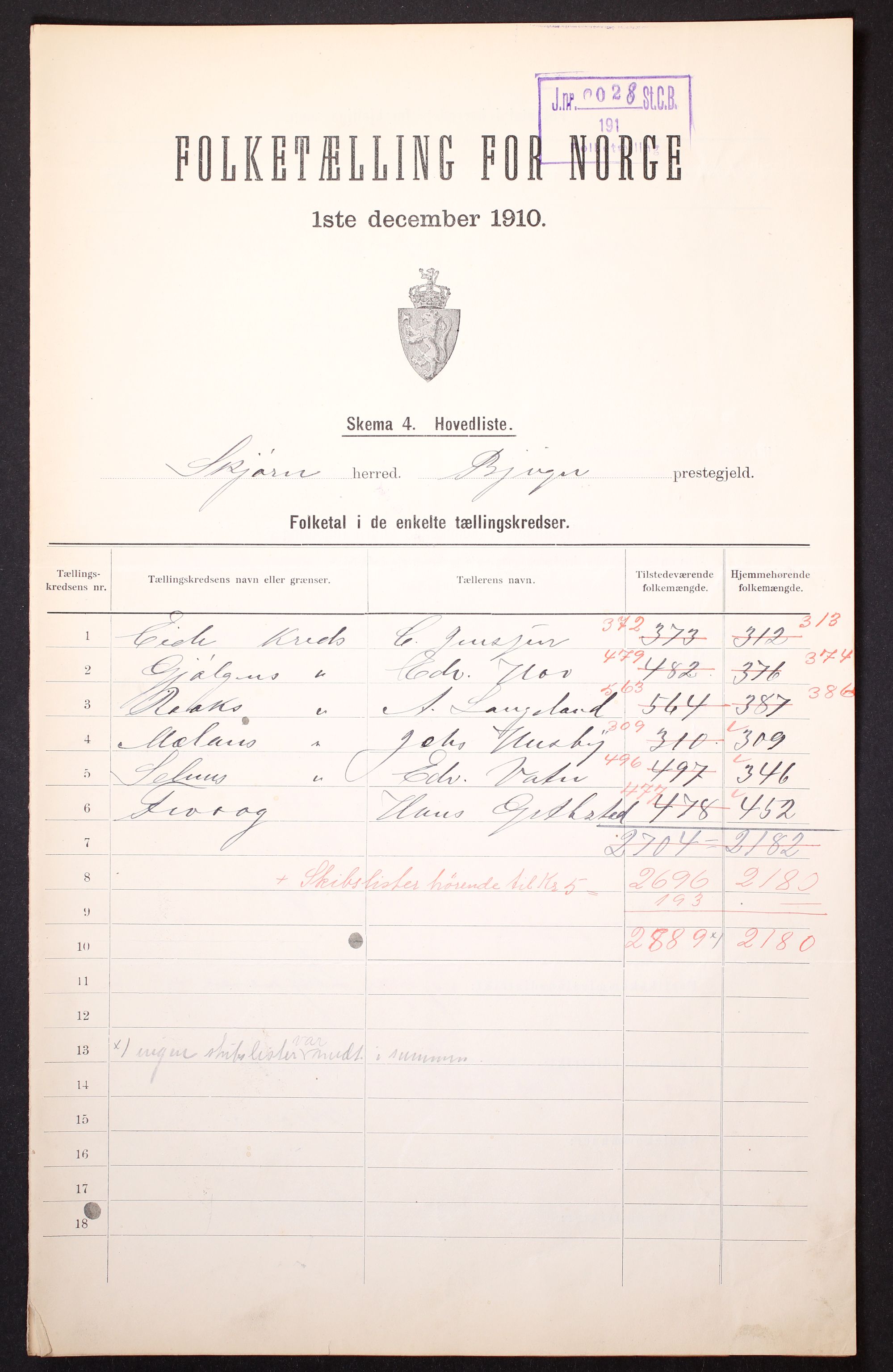 RA, 1910 census for Stjørna, 1910, p. 2