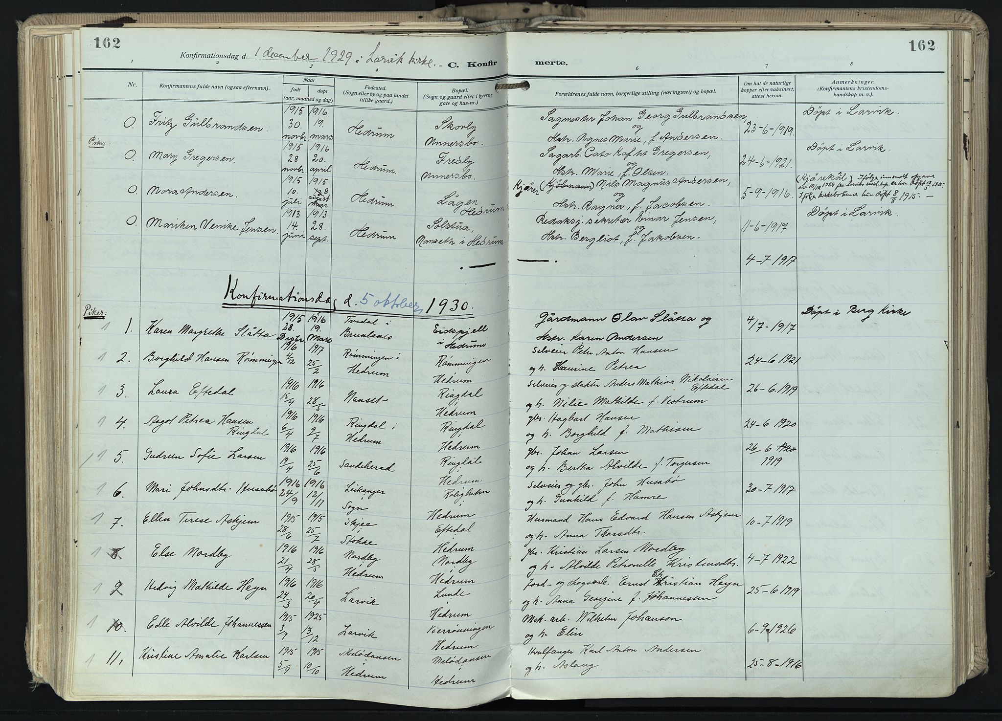 Hedrum kirkebøker, AV/SAKO-A-344/F/Fa/L0011: Parish register (official) no. I 11, 1919-1933, p. 162