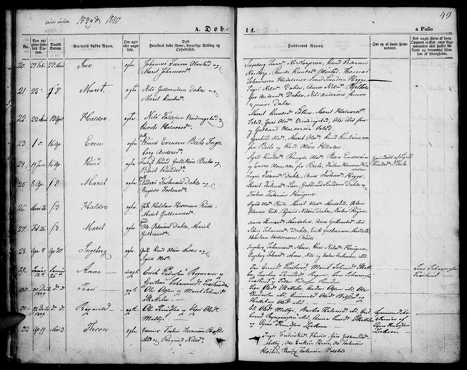 Slidre prestekontor, SAH/PREST-134/H/Ha/Haa/L0004: Parish register (official) no. 4, 1831-1848, p. 49