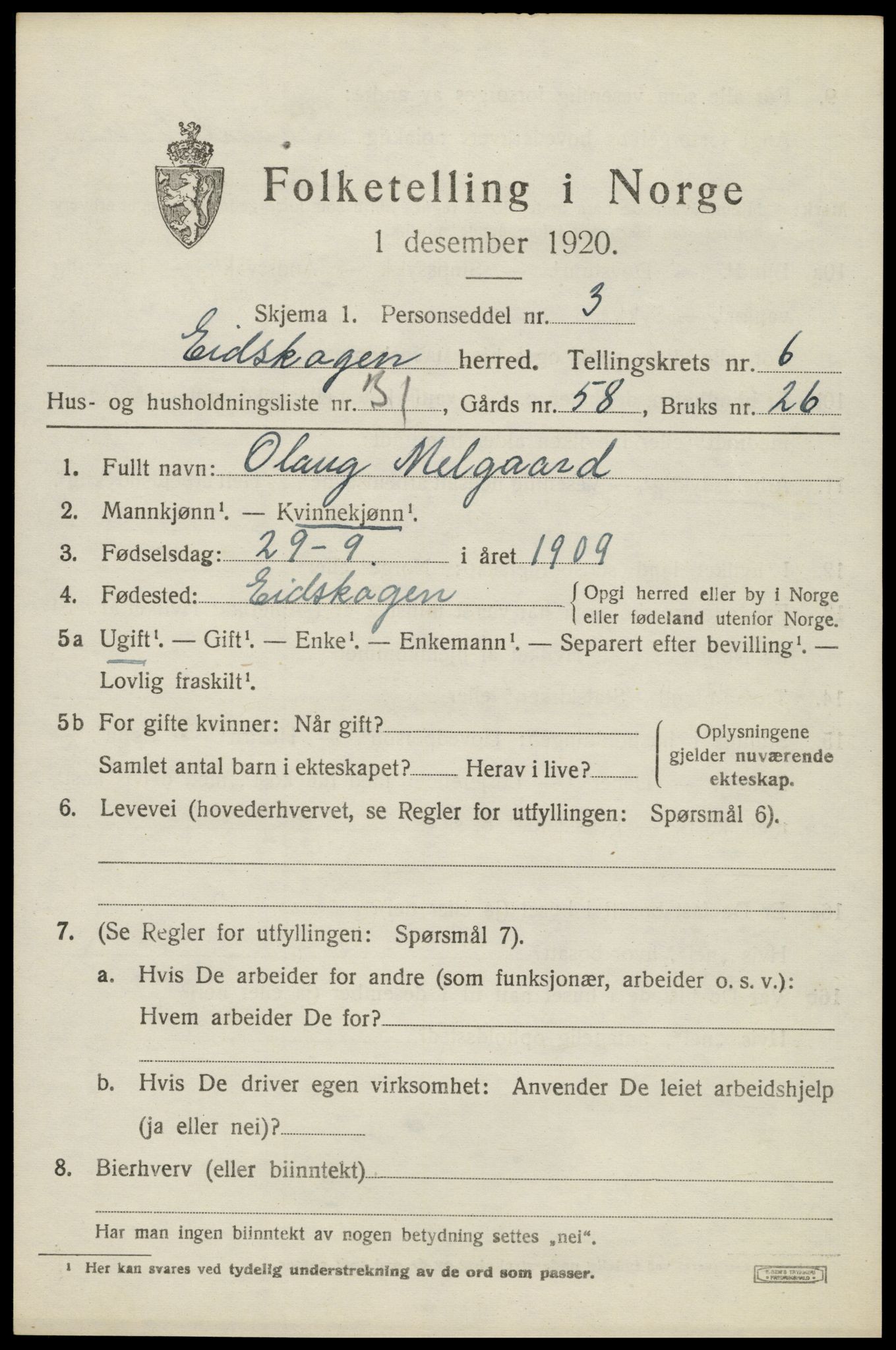 SAH, 1920 census for Eidskog, 1920, p. 6743