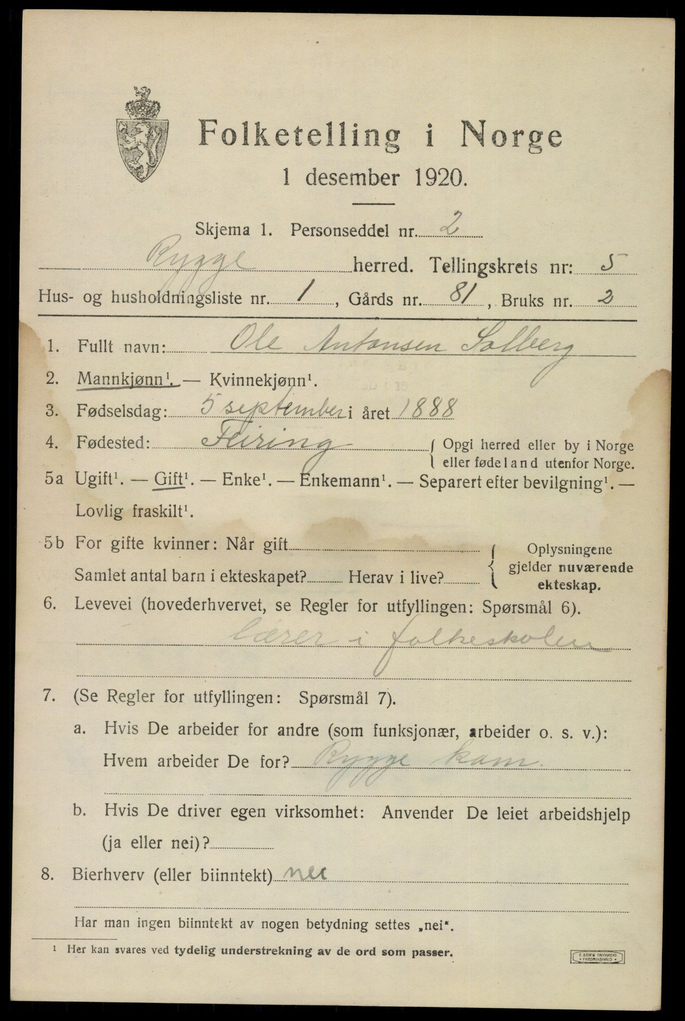 SAO, 1920 census for Rygge, 1920, p. 9557