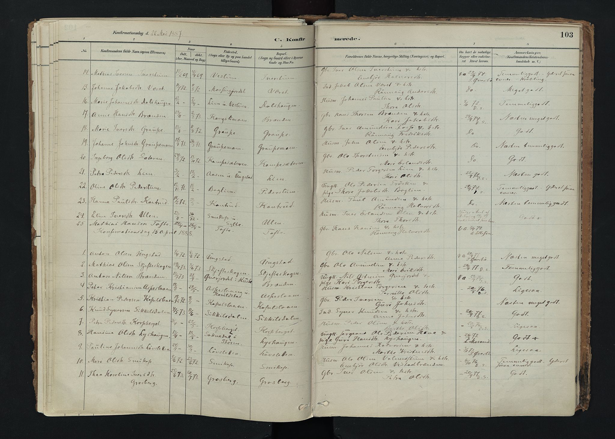 Nord-Fron prestekontor, SAH/PREST-080/H/Ha/Haa/L0005: Parish register (official) no. 5, 1884-1914, p. 103