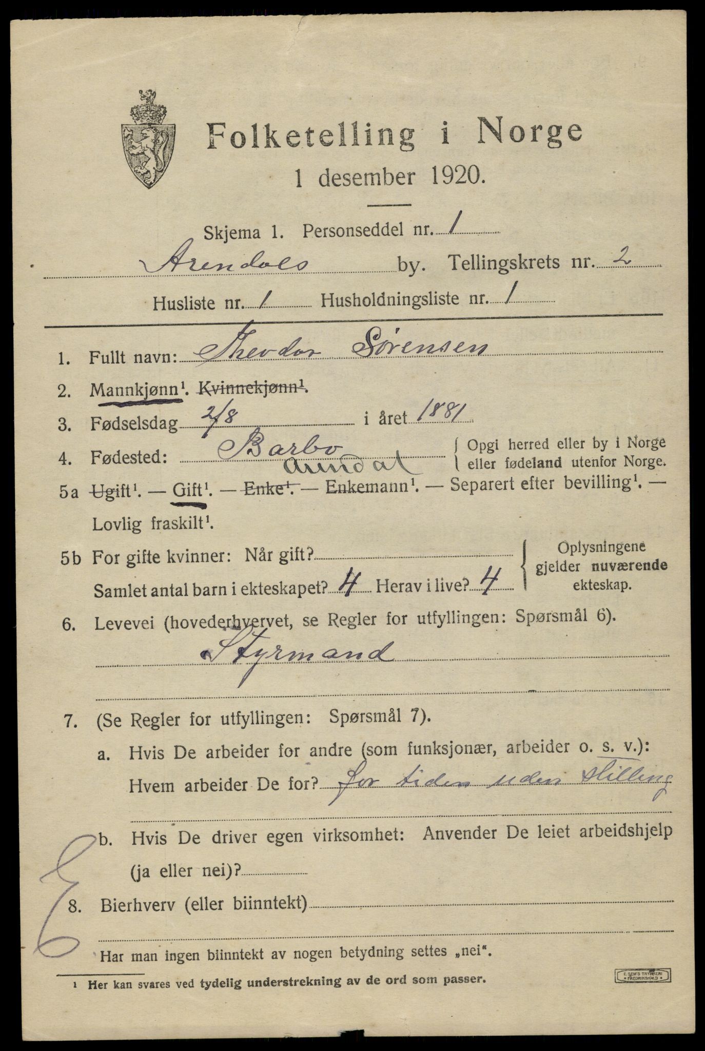 SAK, 1920 census for Arendal, 1920, p. 10006