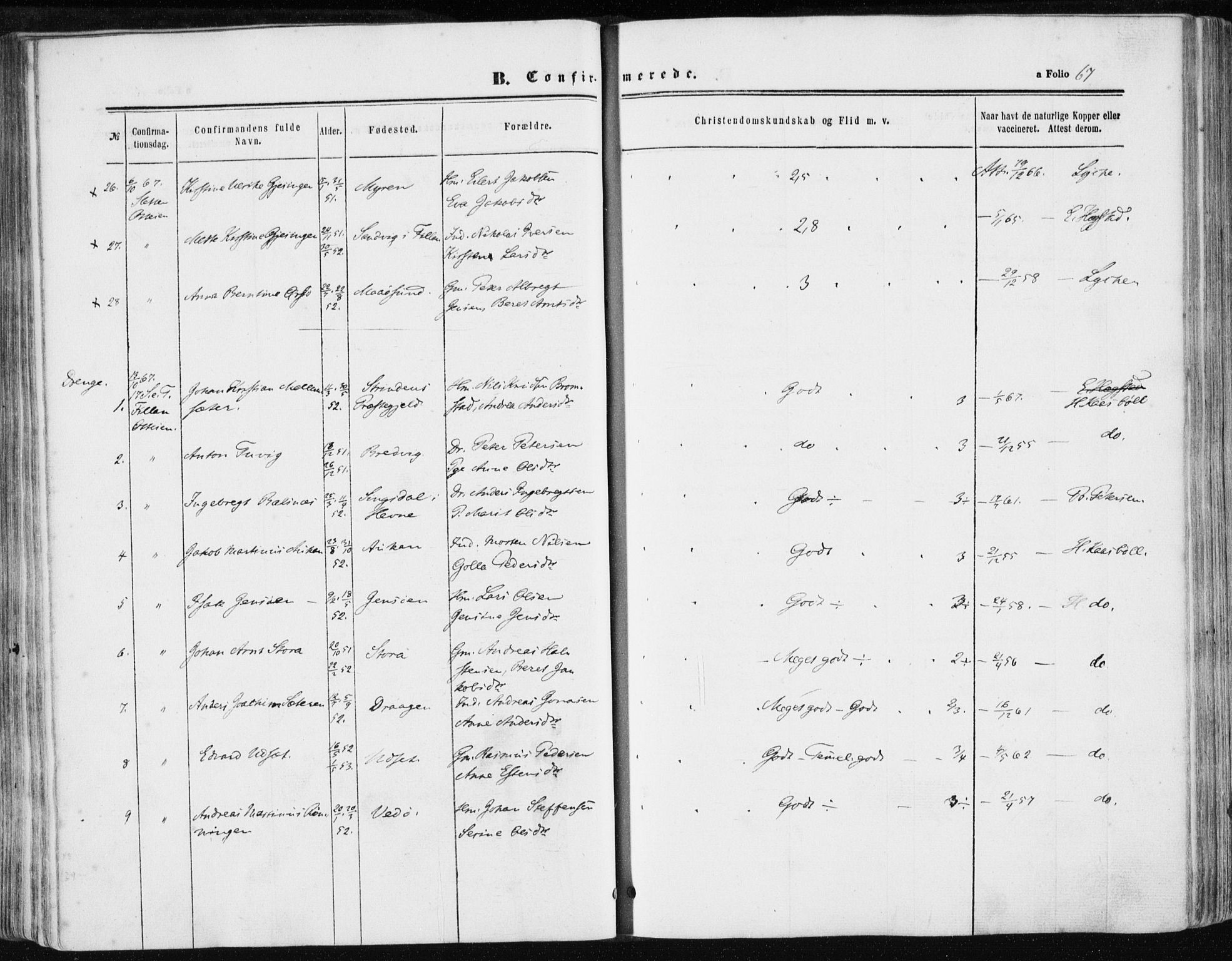 Ministerialprotokoller, klokkerbøker og fødselsregistre - Sør-Trøndelag, AV/SAT-A-1456/634/L0531: Parish register (official) no. 634A07, 1861-1870, p. 67