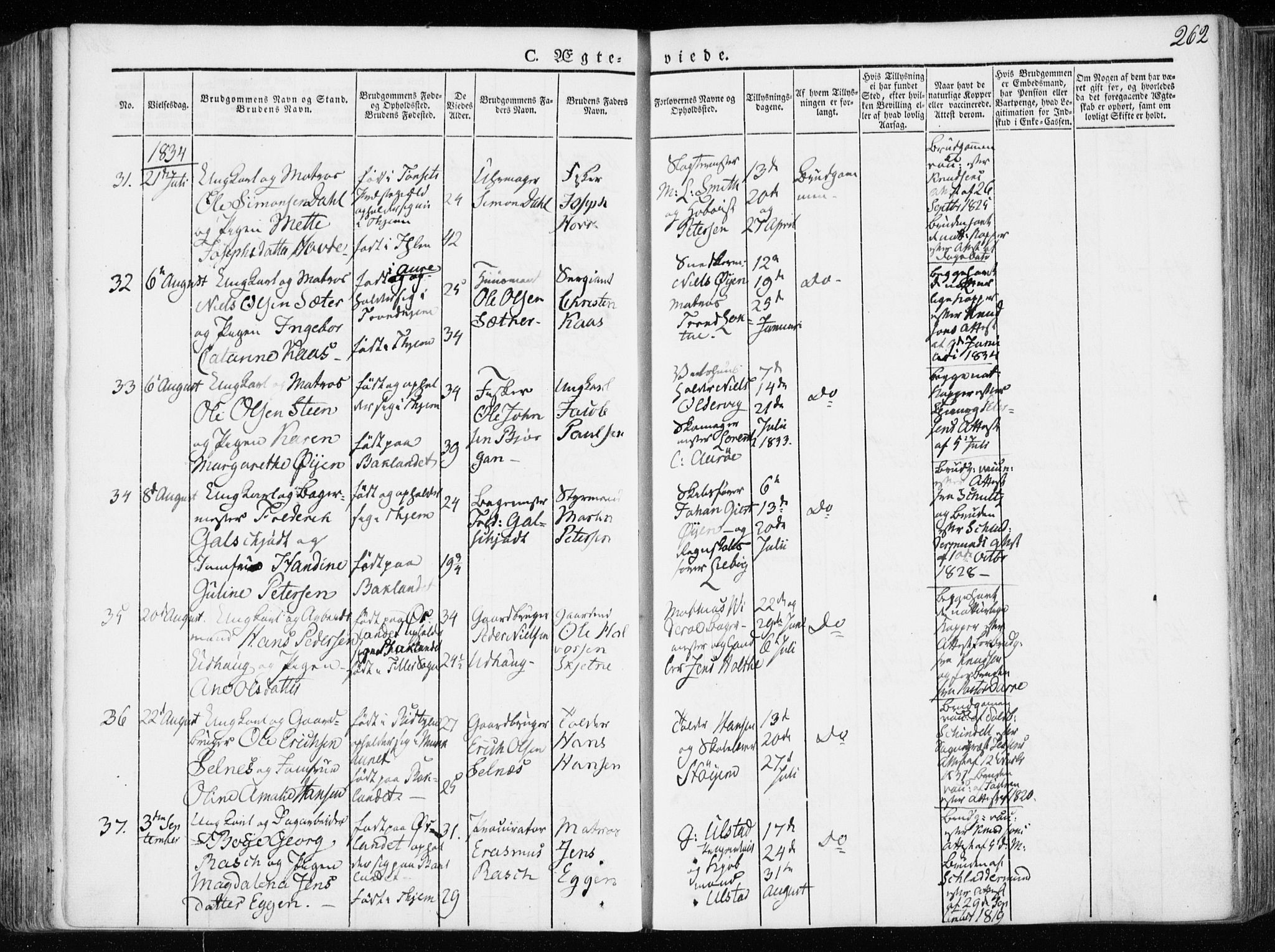 Ministerialprotokoller, klokkerbøker og fødselsregistre - Sør-Trøndelag, SAT/A-1456/601/L0047: Parish register (official) no. 601A15, 1831-1839, p. 262