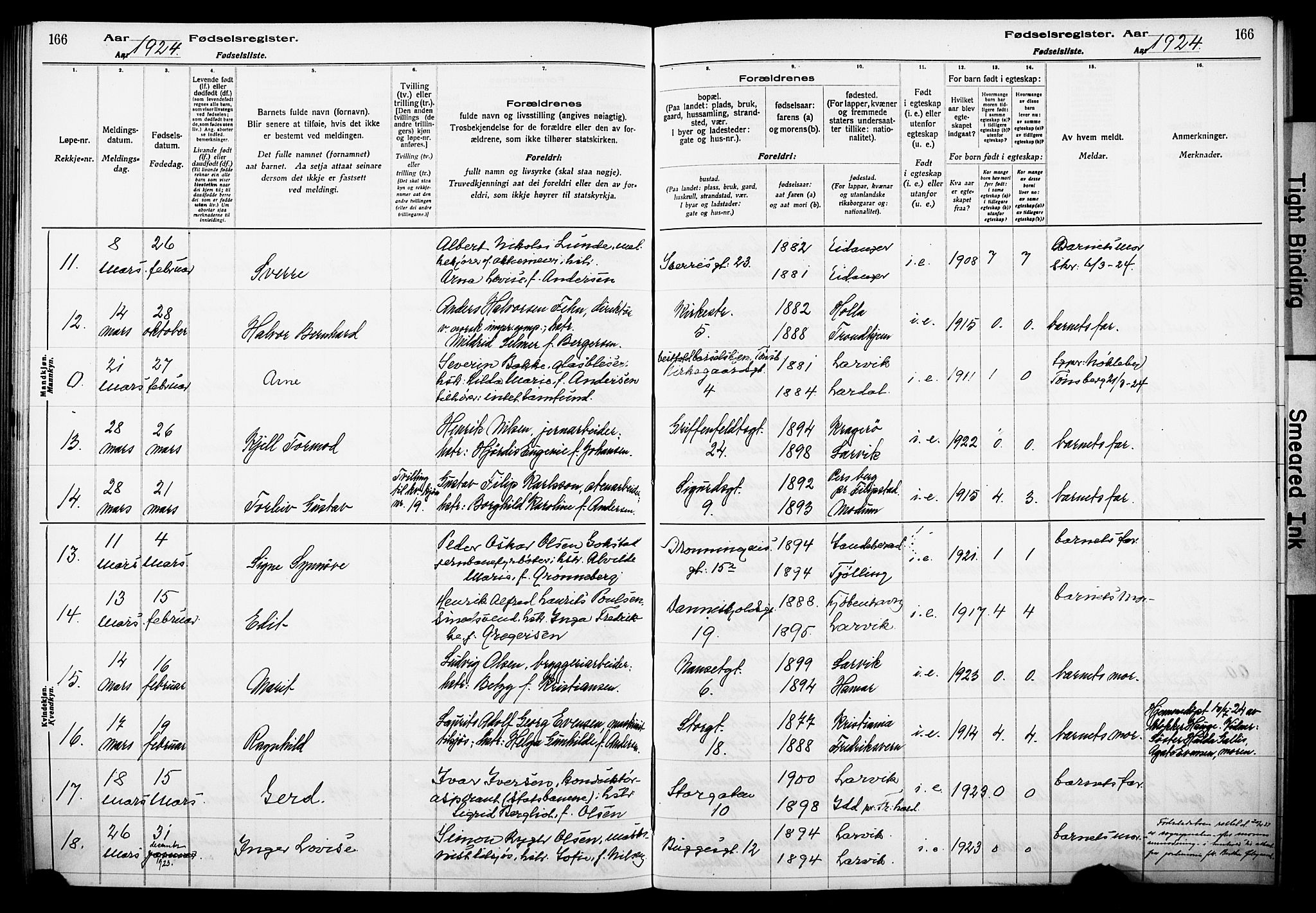 Larvik kirkebøker, AV/SAKO-A-352/J/Ja/L0001: Birth register no. I 1, 1916-1926, p. 166