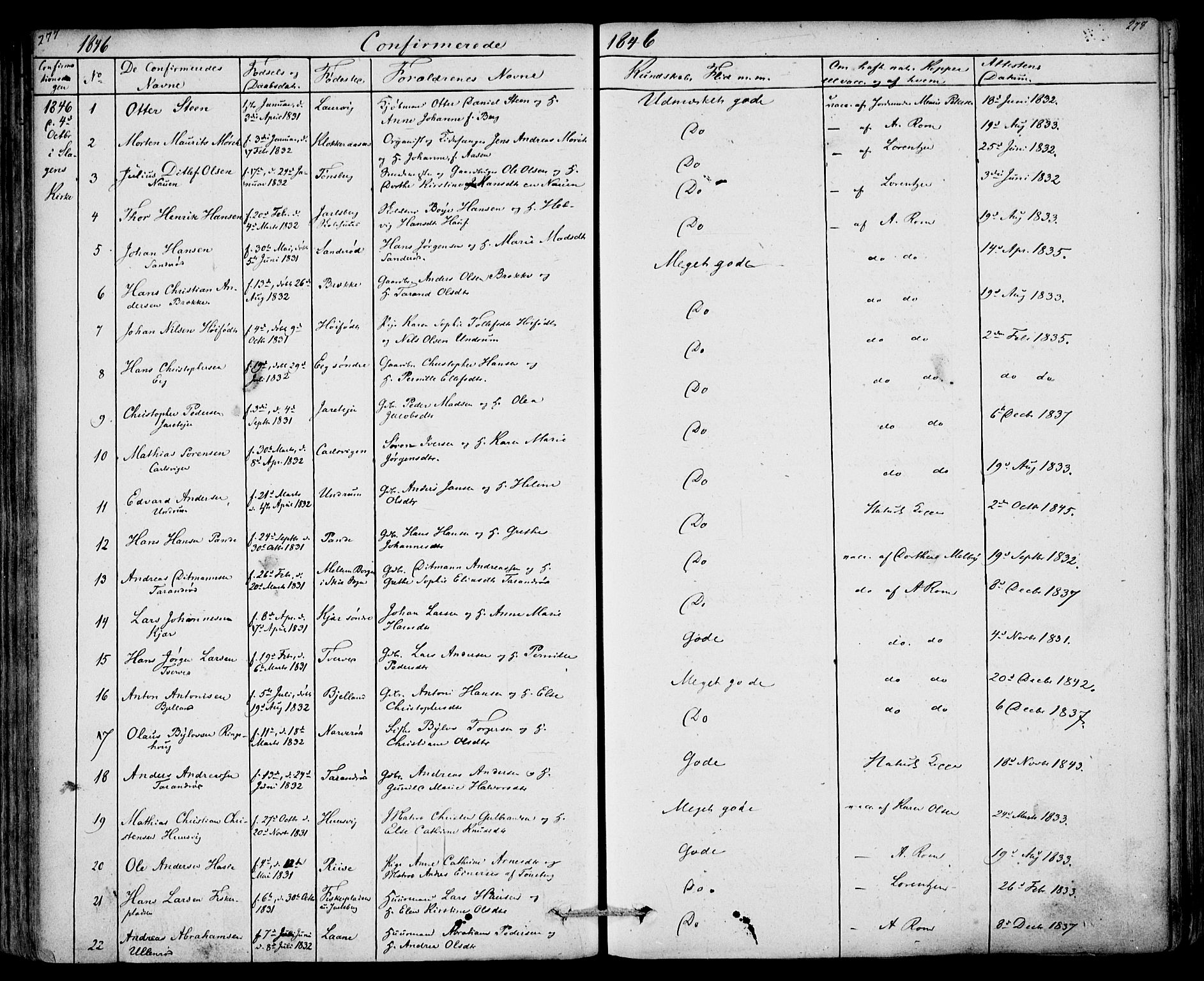 Sem kirkebøker, SAKO/A-5/F/Fa/L0006: Parish register (official) no. I 6, 1843-1855, p. 277-278