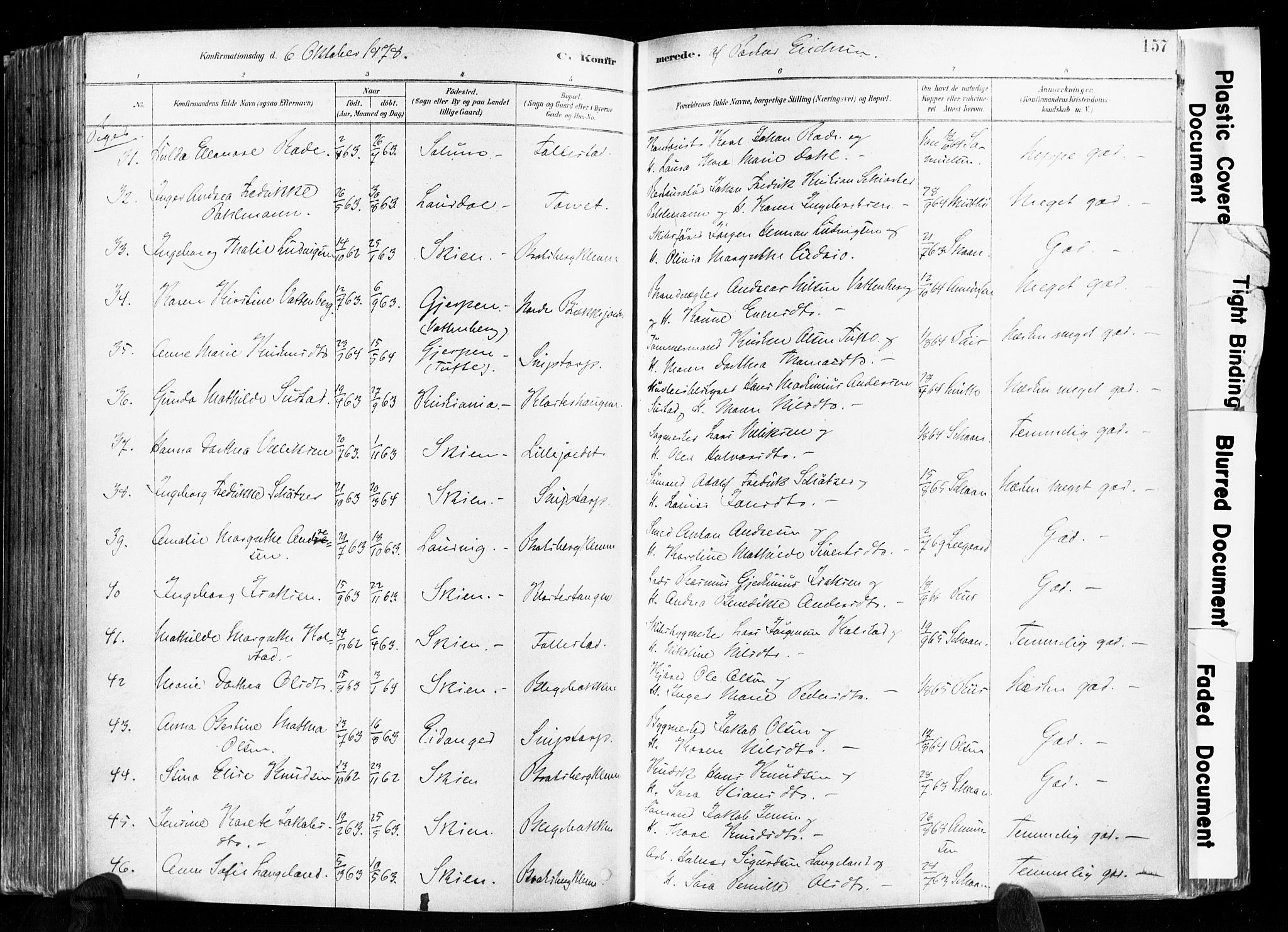Skien kirkebøker, SAKO/A-302/F/Fa/L0009: Parish register (official) no. 9, 1878-1890, p. 157