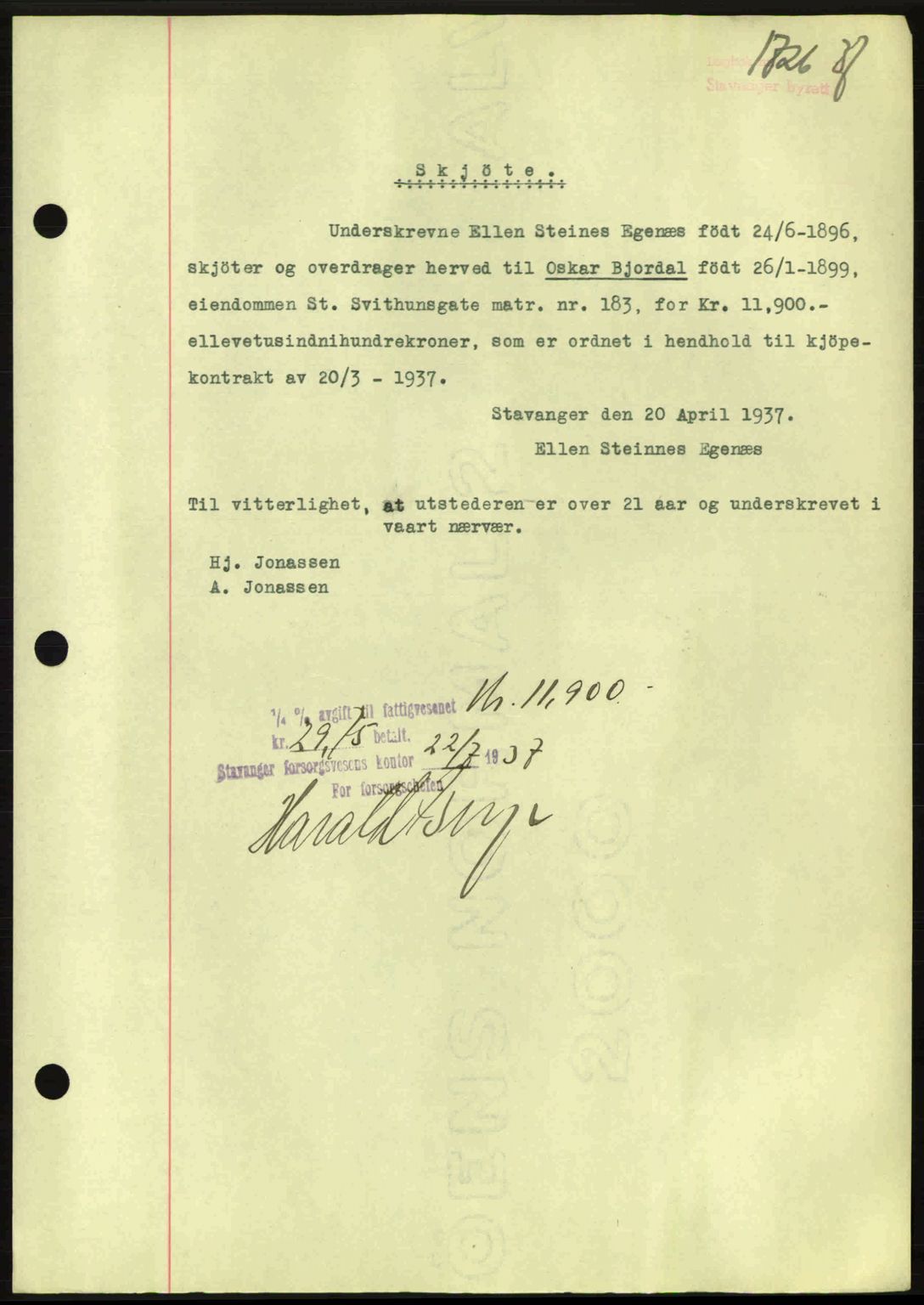 Stavanger byrett, SAST/A-100455/002/G/Gb/L0012: Mortgage book no. A2, 1936-1937, Diary no: : 1726/1937