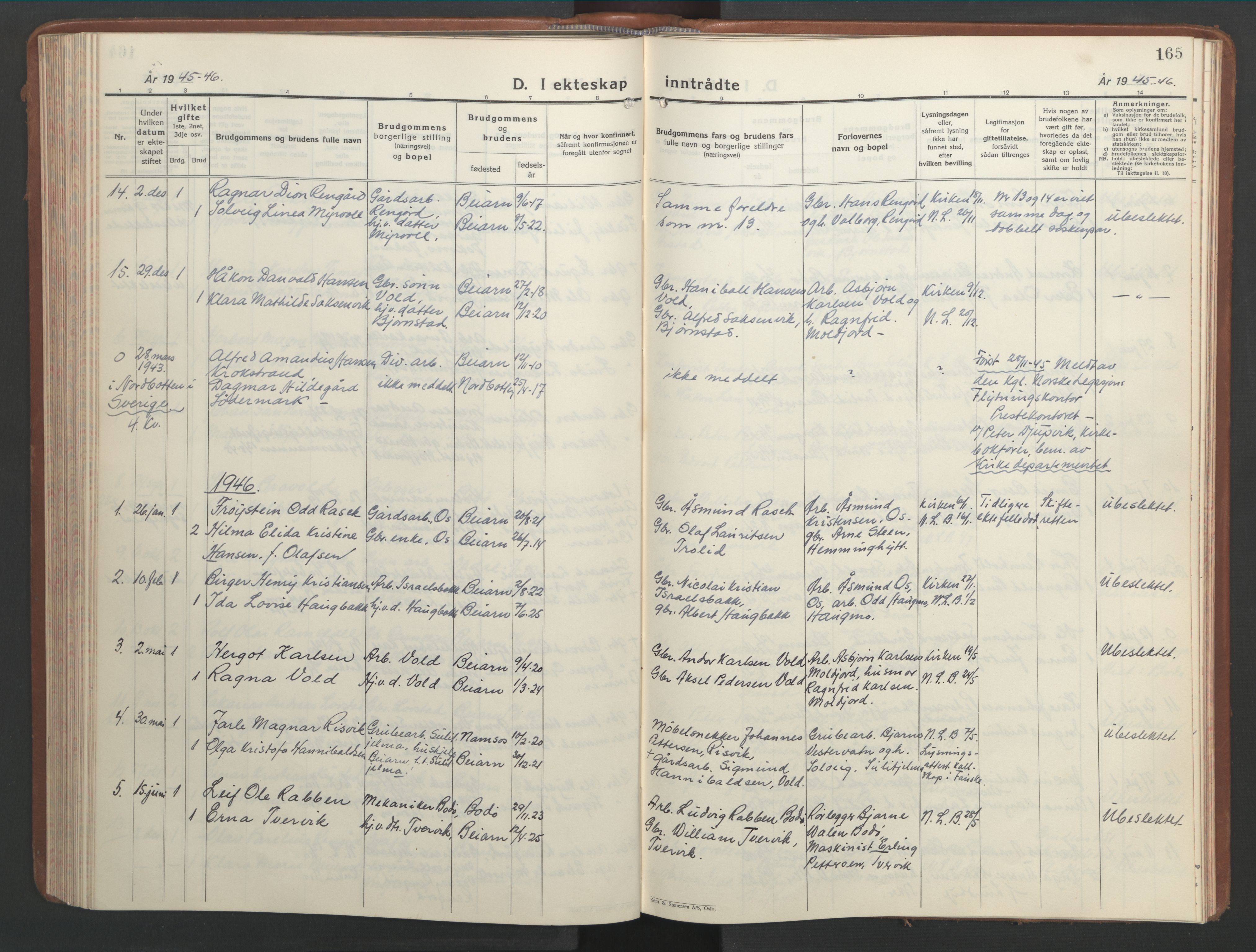 Ministerialprotokoller, klokkerbøker og fødselsregistre - Nordland, SAT/A-1459/846/L0657: Parish register (copy) no. 846C07, 1936-1952, p. 165