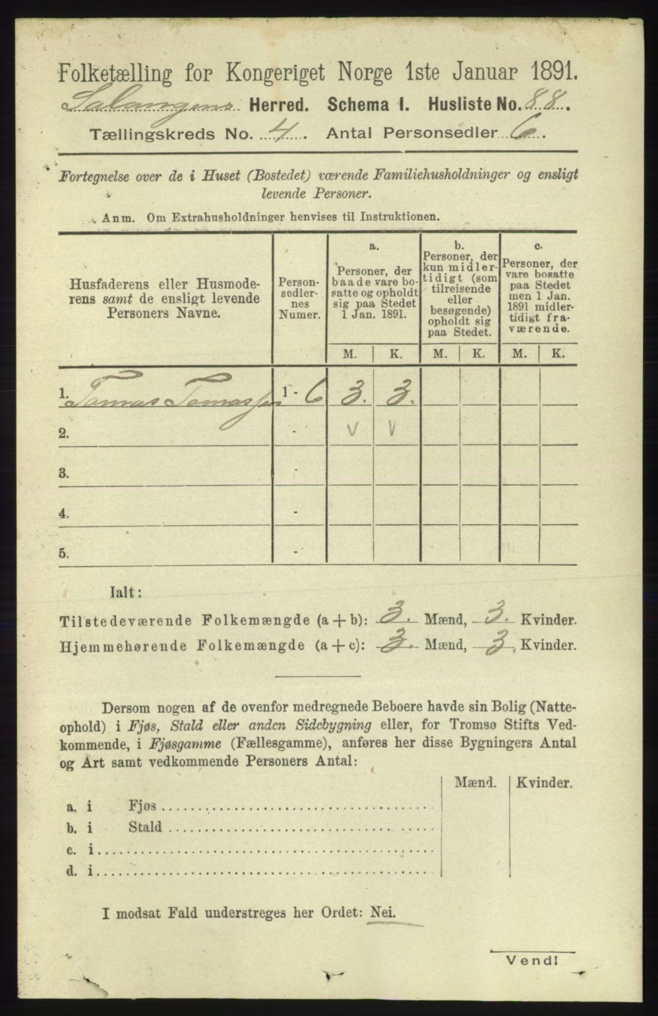 RA, 1891 census for 1921 Salangen, 1891, p. 1825