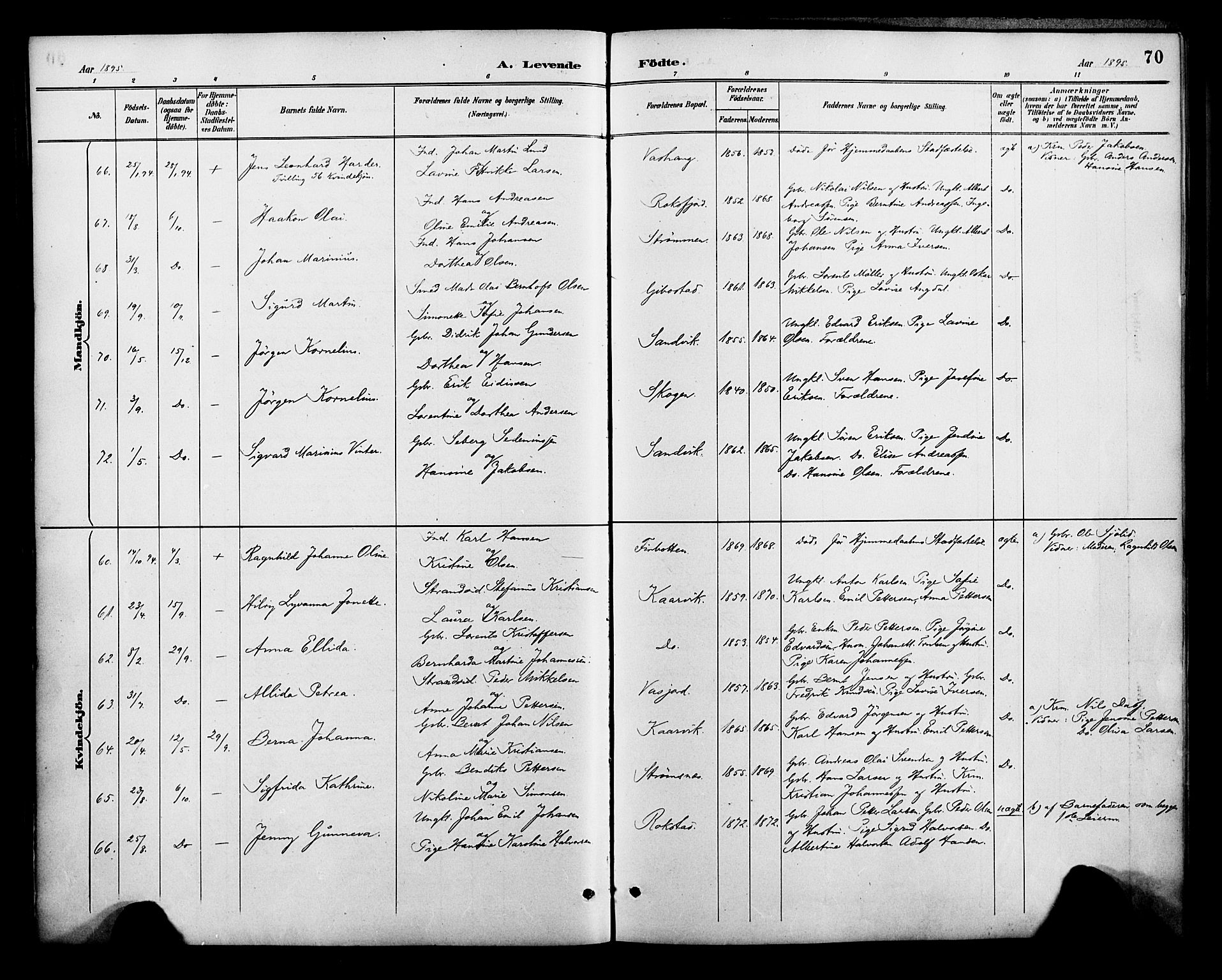 Lenvik sokneprestembete, SATØ/S-1310/H/Ha/Haa/L0013kirke: Parish register (official) no. 13, 1890-1898, p. 70