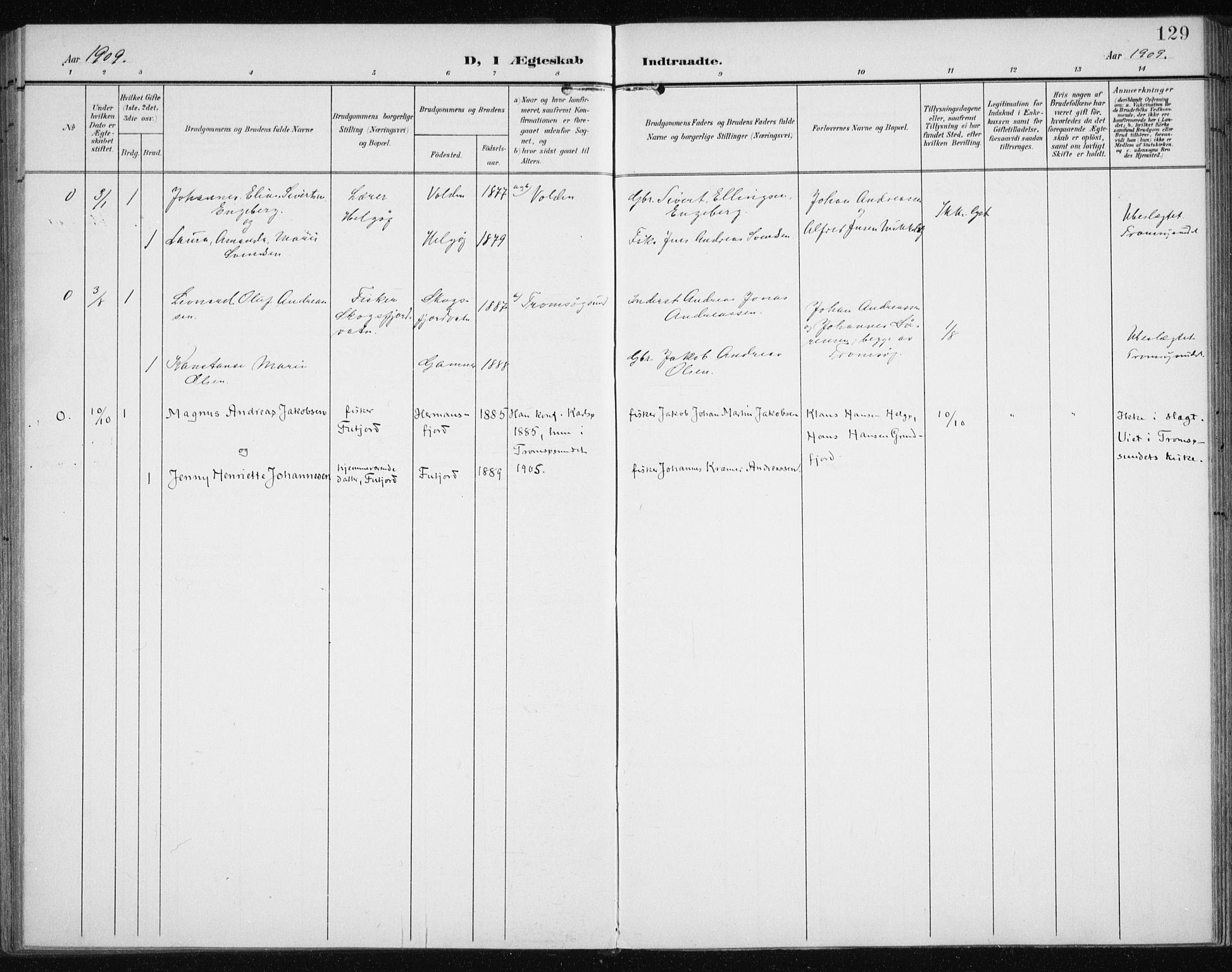 Karlsøy sokneprestembete, SATØ/S-1299/H/Ha/Haa/L0013kirke: Parish register (official) no. 13, 1902-1916, p. 129