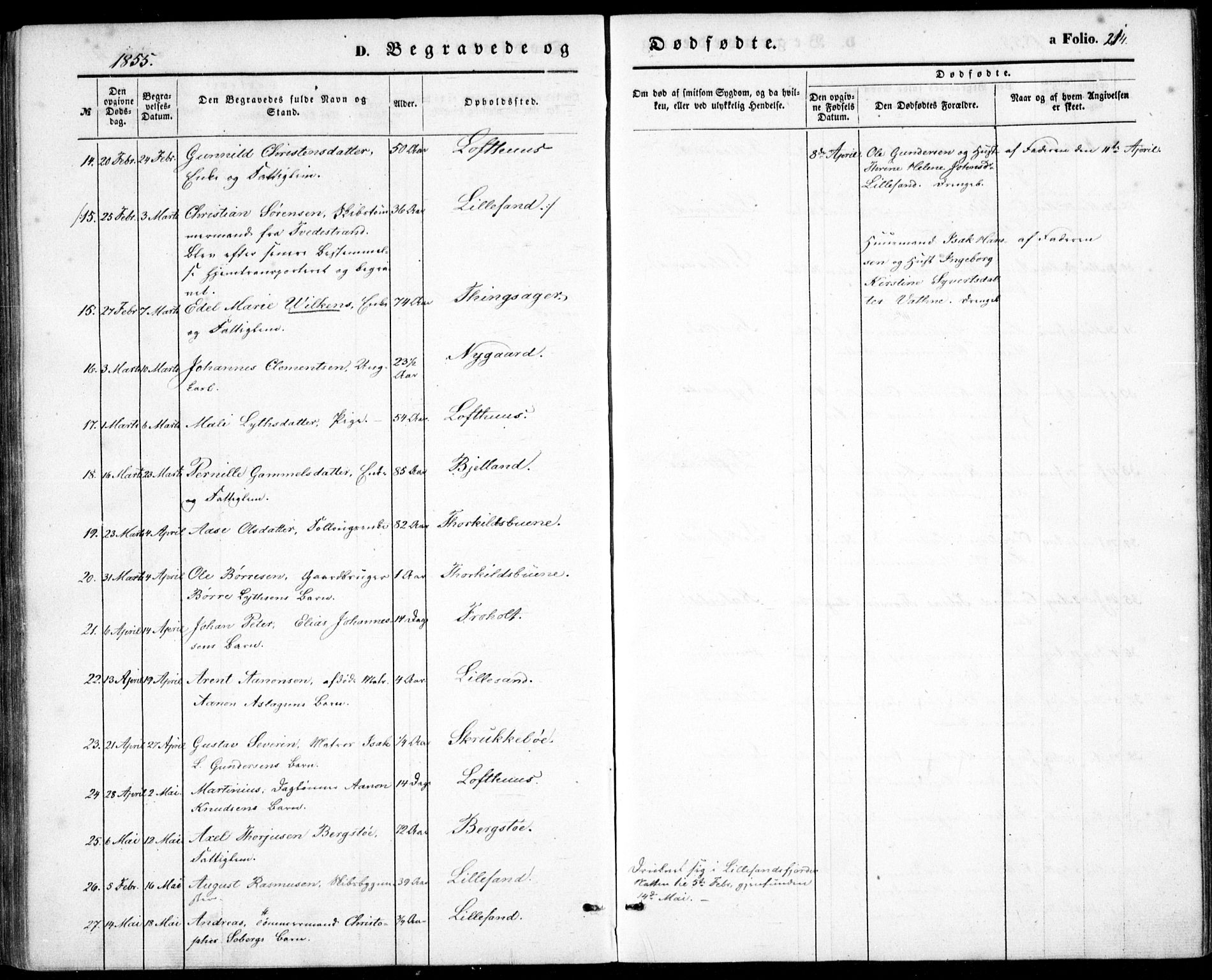 Vestre Moland sokneprestkontor, AV/SAK-1111-0046/F/Fb/Fbb/L0003: Parish register (copy) no. B 3, 1851-1861, p. 214