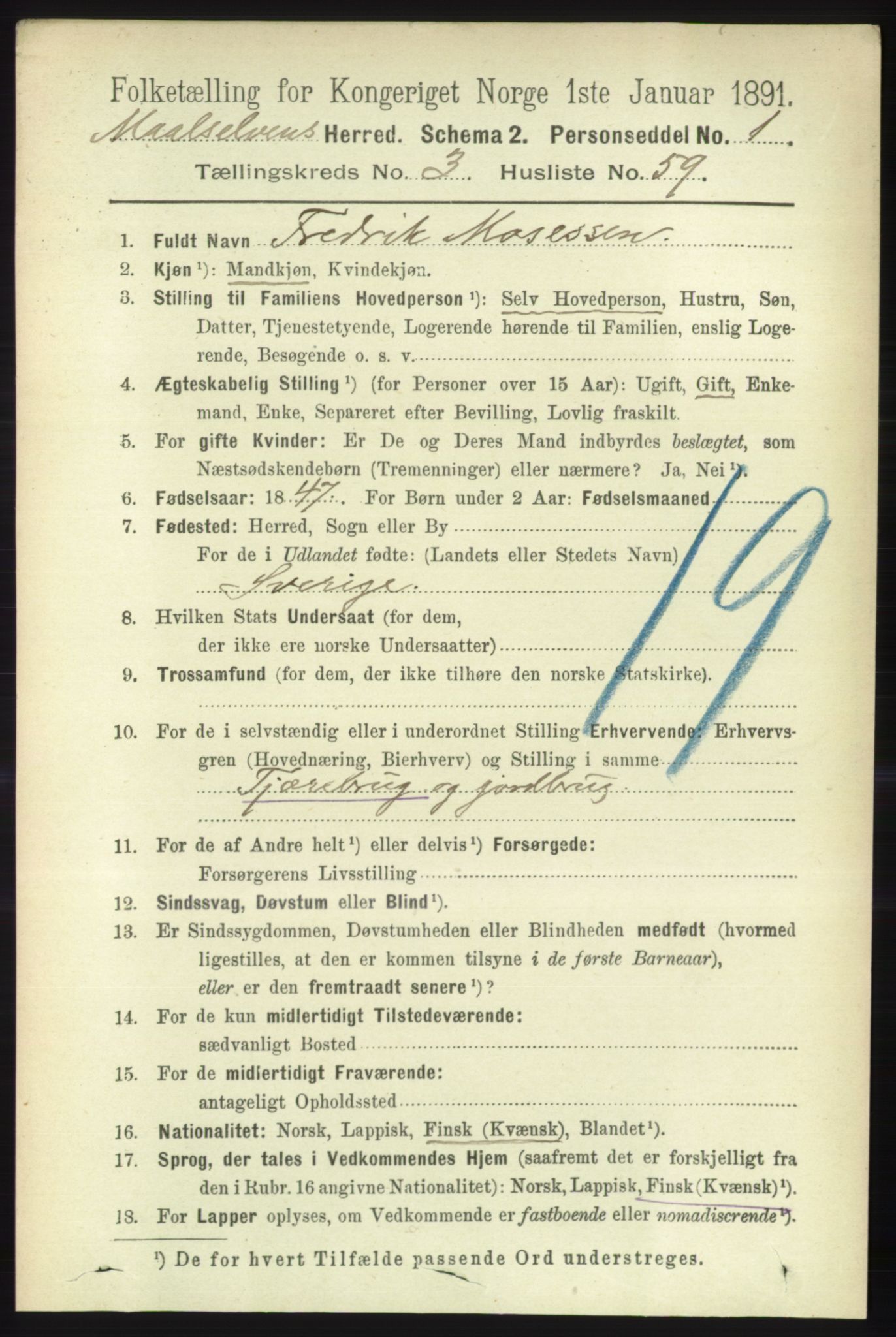 RA, 1891 census for 1924 Målselv, 1891, p. 1006