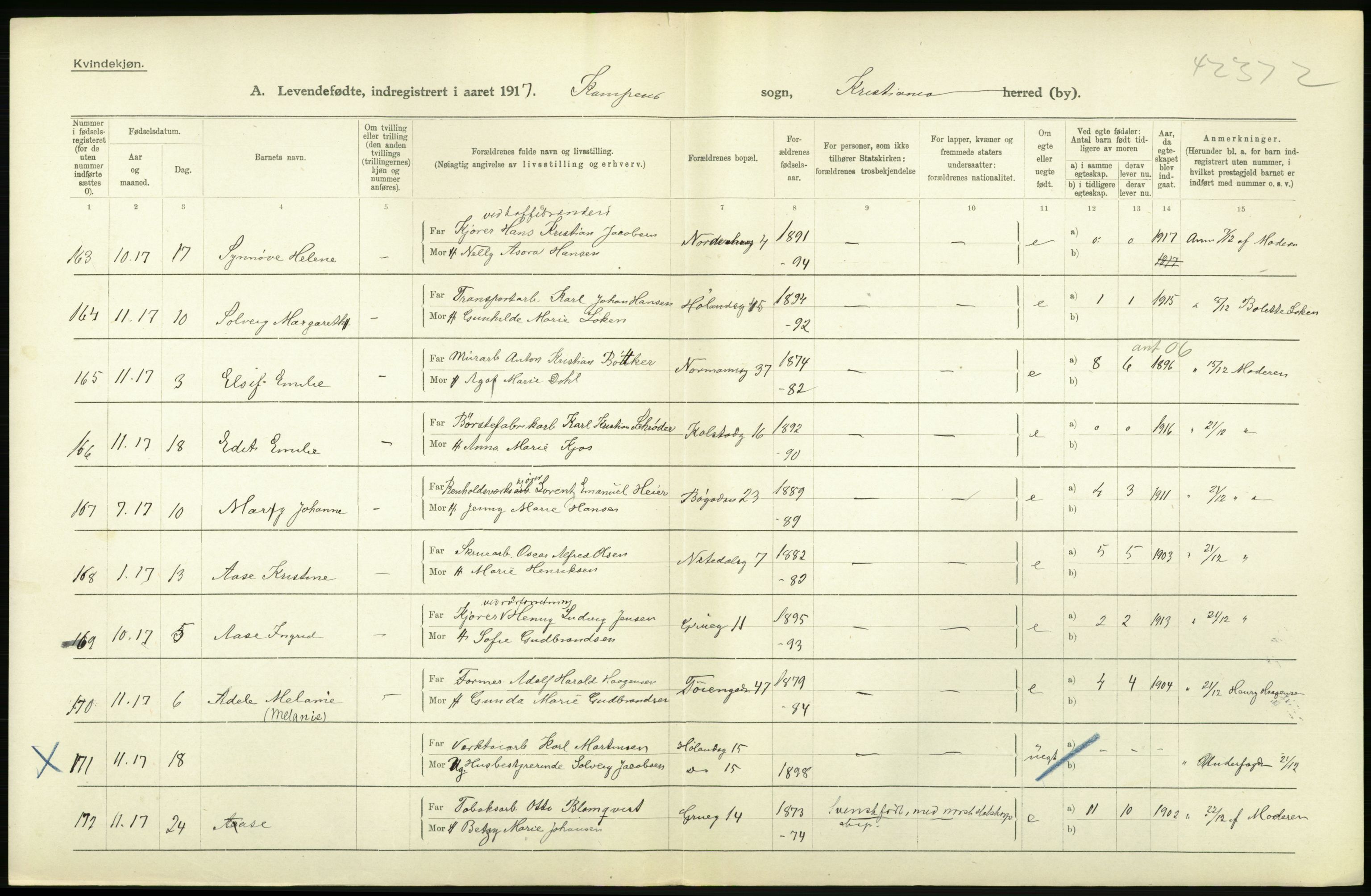 Statistisk sentralbyrå, Sosiodemografiske emner, Befolkning, RA/S-2228/D/Df/Dfb/Dfbg/L0007: Kristiania: Levendefødte menn og kvinner., 1917, p. 516