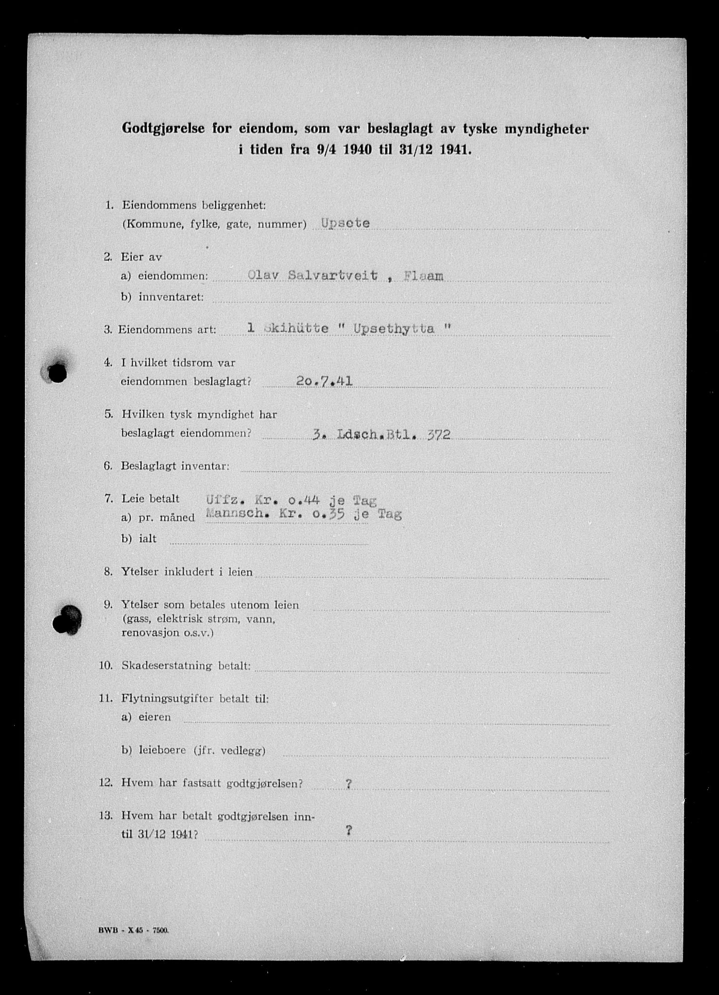 Justisdepartementet, Tilbakeføringskontoret for inndratte formuer, AV/RA-S-1564/I/L1017: Godtgjørelse for beslaglagt eiendom, 1940-1941, p. 5