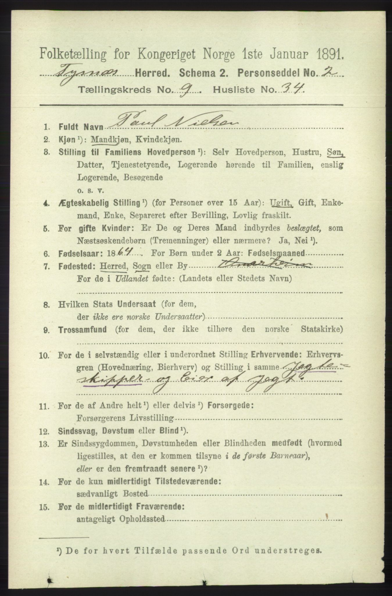 RA, 1891 census for 1223 Tysnes, 1891, p. 4408