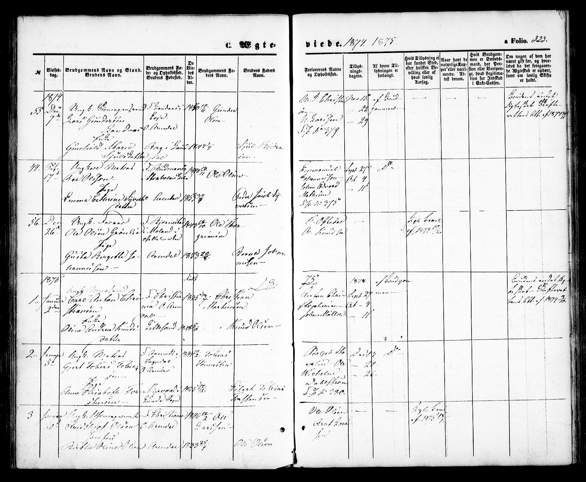 Arendal sokneprestkontor, Trefoldighet, SAK/1111-0040/F/Fa/L0007: Parish register (official) no. A 7, 1868-1878, p. 323