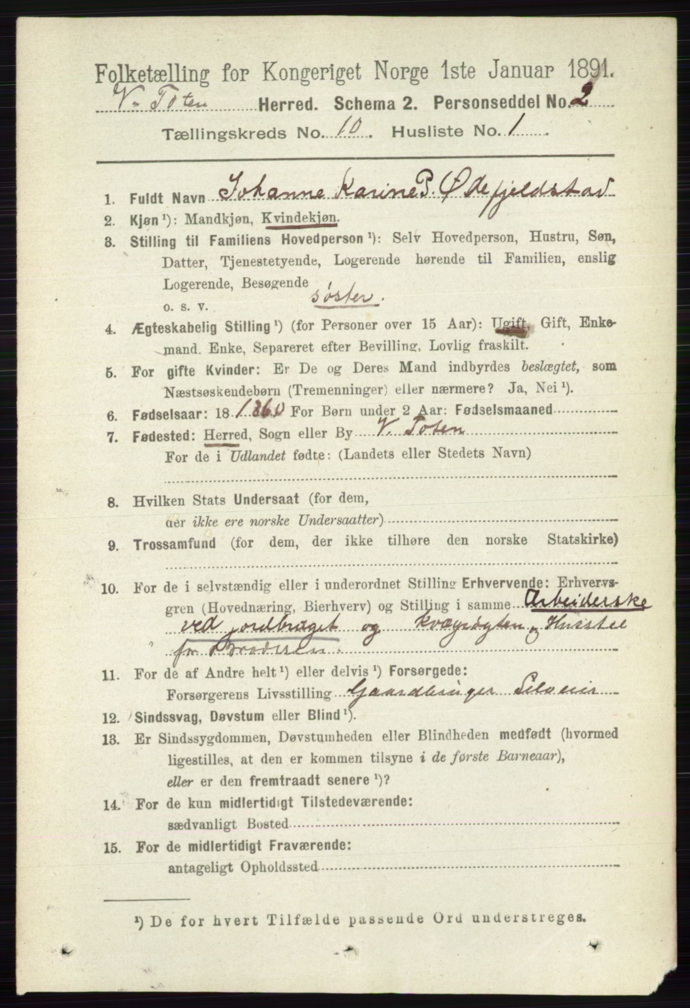 RA, 1891 census for 0529 Vestre Toten, 1891, p. 6186