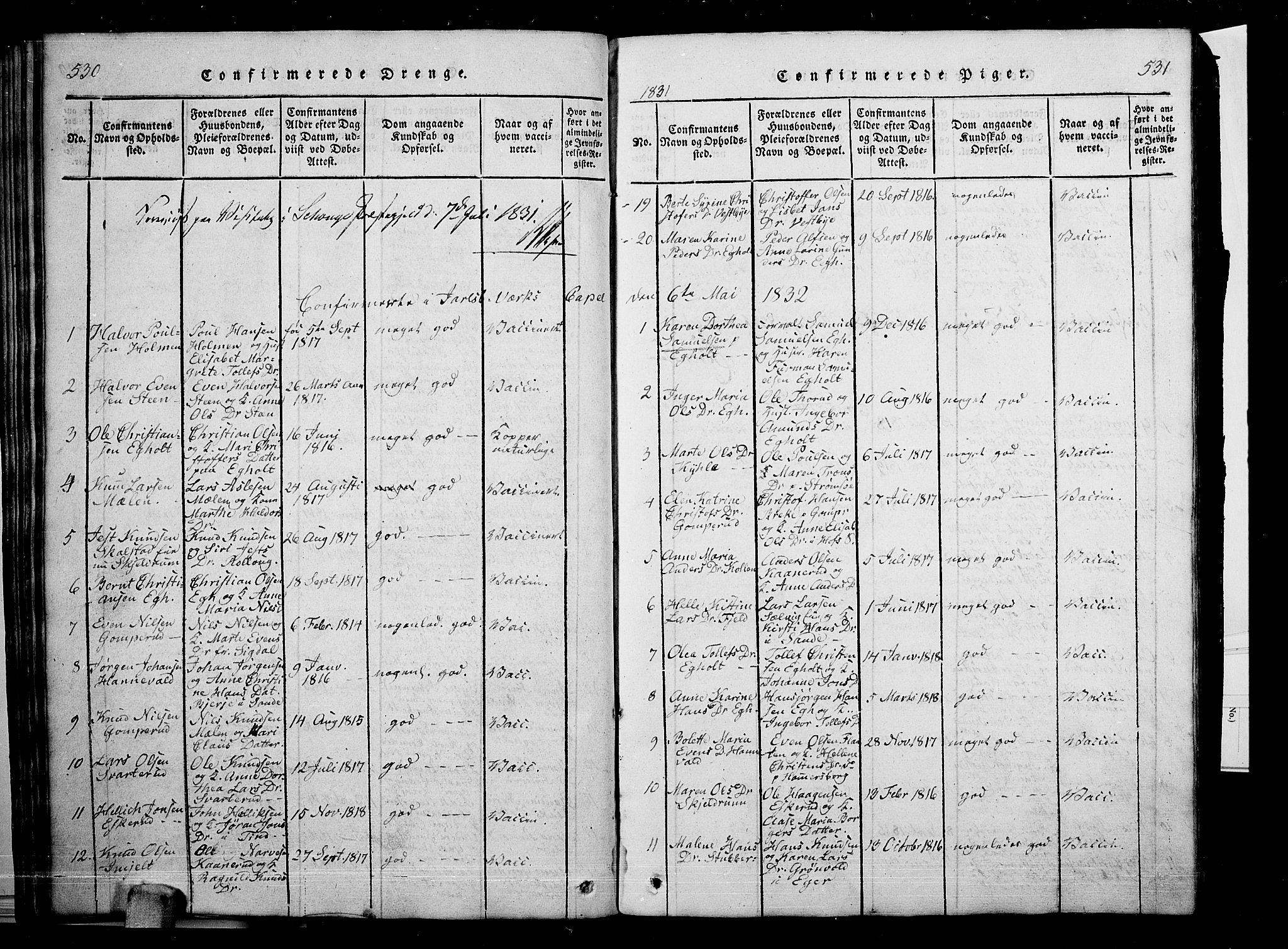 Skoger kirkebøker, SAKO/A-59/G/Ga/L0001: Parish register (copy) no. I 1, 1814-1845, p. 530-531