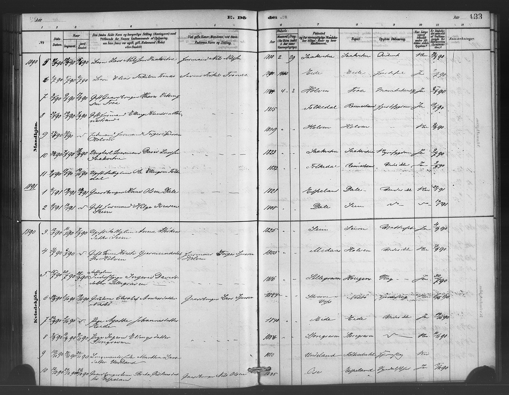 Ulvik sokneprestembete, SAB/A-78801/H/Haa: Parish register (official) no. C 1, 1878-1903, p. 133