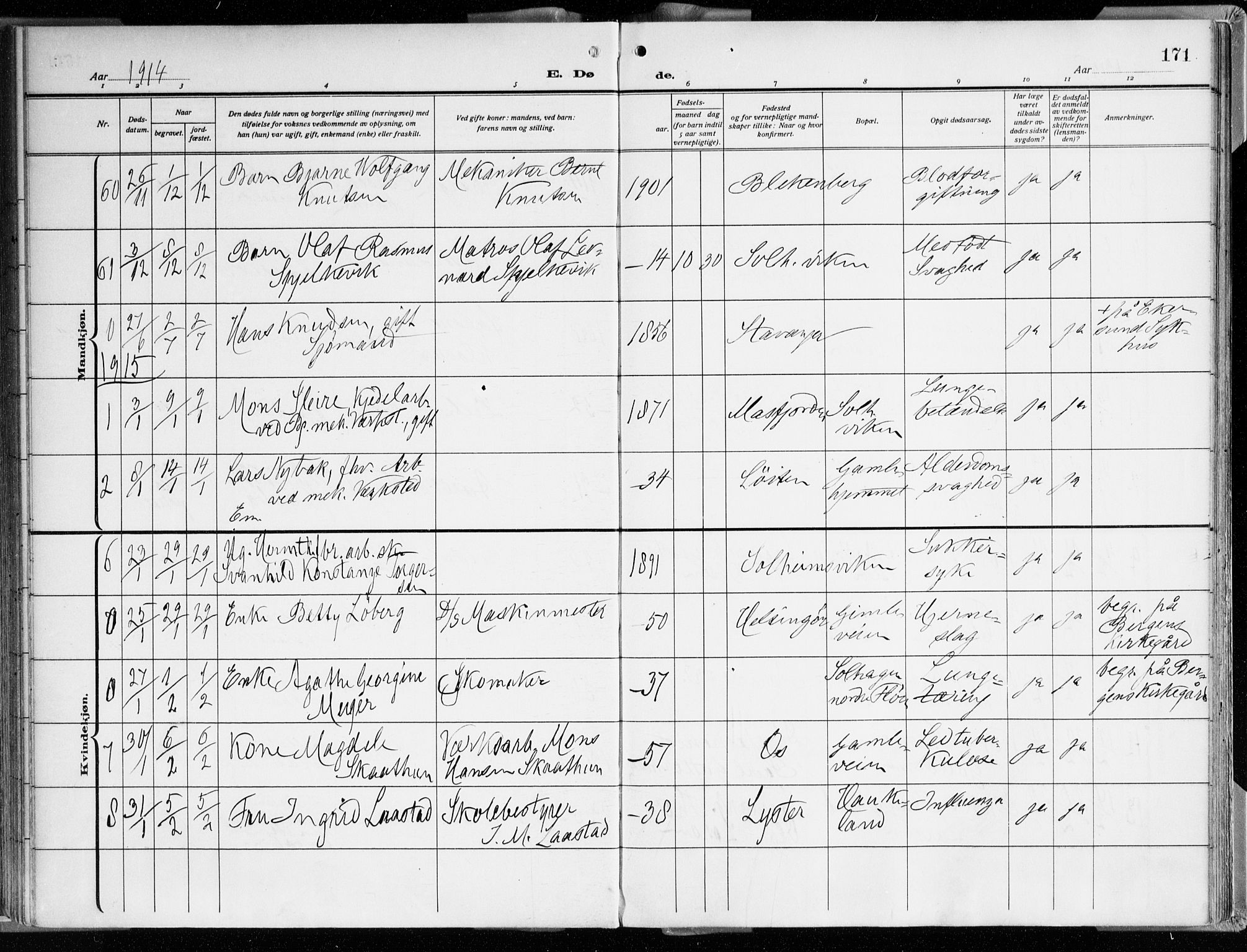 Årstad Sokneprestembete, AV/SAB-A-79301/H/Haa/L0003: Parish register (official) no. A 3, 1914-1919, p. 171