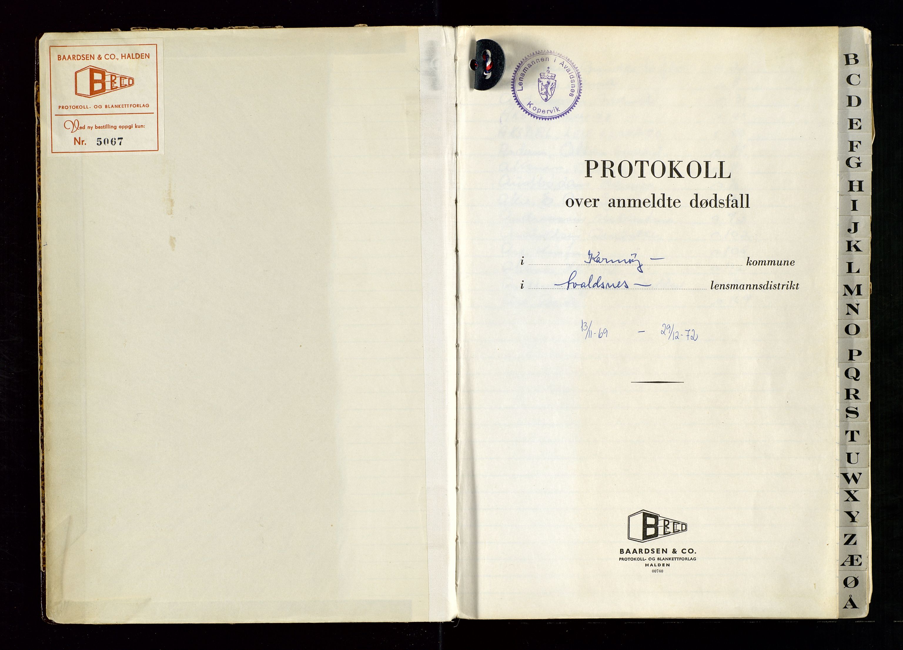 Avaldsnes lensmannskontor, AV/SAST-A-100286/Gga/L0010: "Protokoll over anmeldte dødsfall i Karmøy kommune i Avaldsnes lensmannsdistrikt", 1969-1972