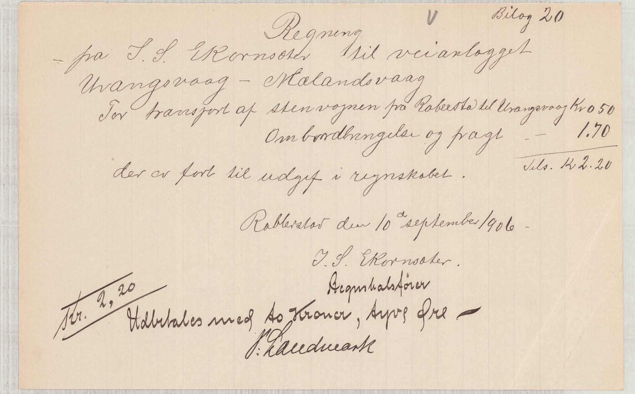 Finnaas kommune. Formannskapet, IKAH/1218a-021/E/Ea/L0002/0004: Rekneskap for veganlegg / Rekneskap for veganlegget Urangsvåg - Mælandsvåg, 1906, p. 35