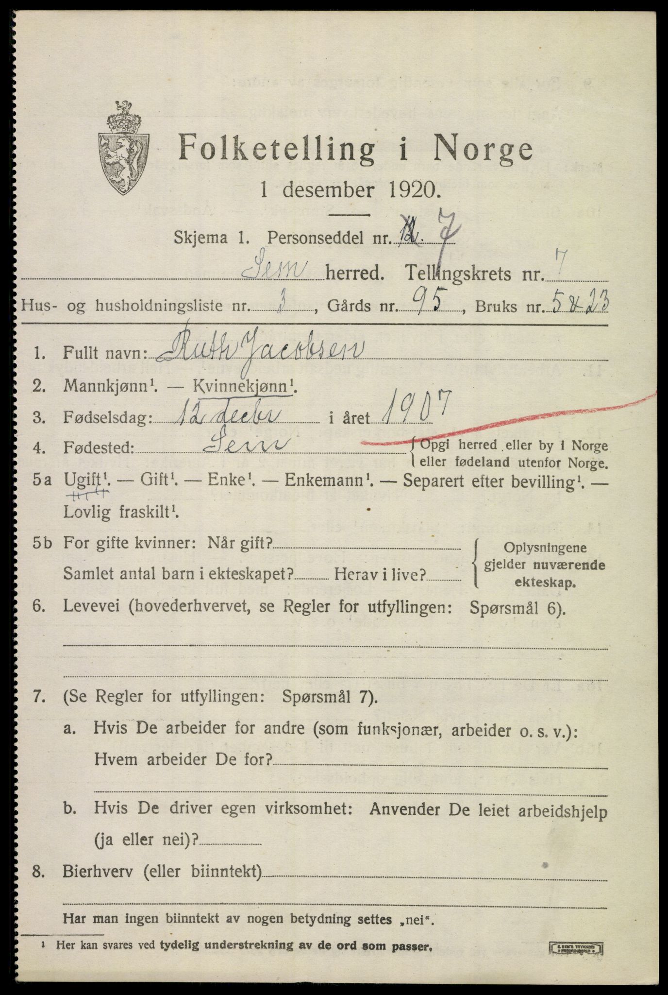 SAKO, 1920 census for Sem, 1920, p. 10365