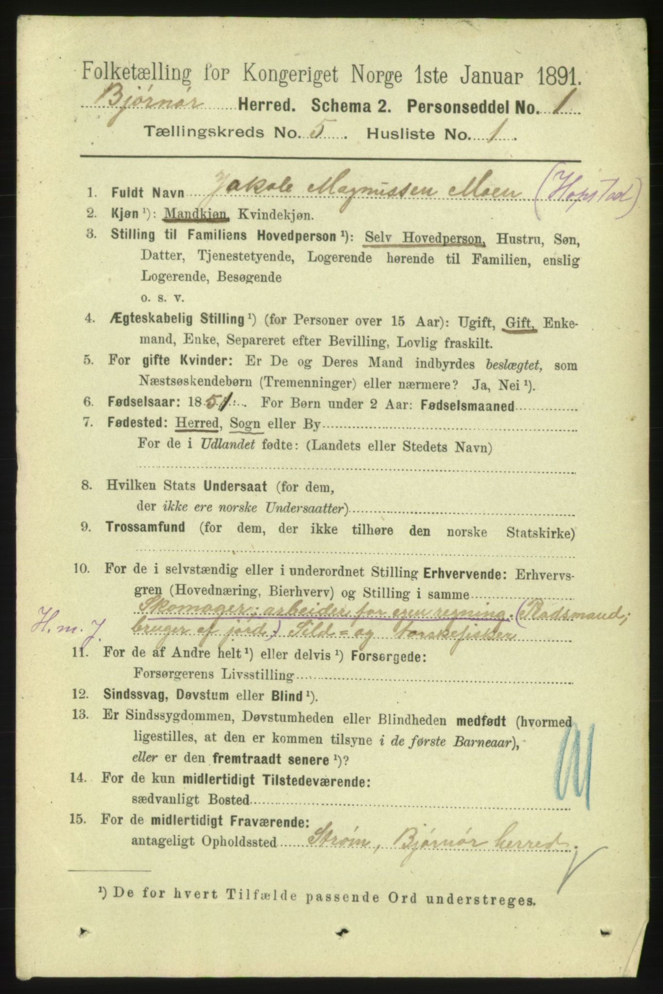 RA, 1891 census for 1632 Bjørnør, 1891, p. 2281