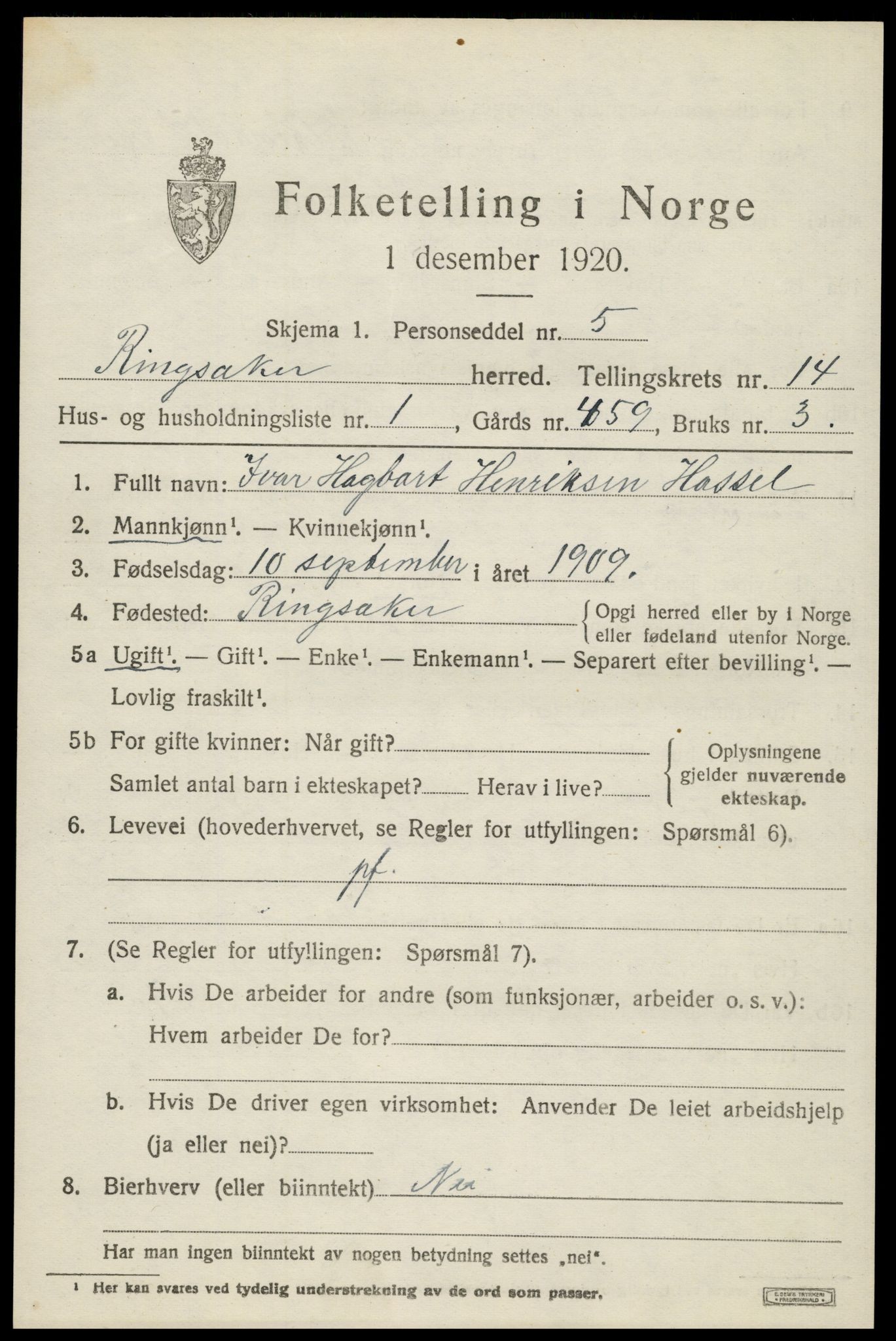 SAH, 1920 census for Ringsaker, 1920, p. 21568