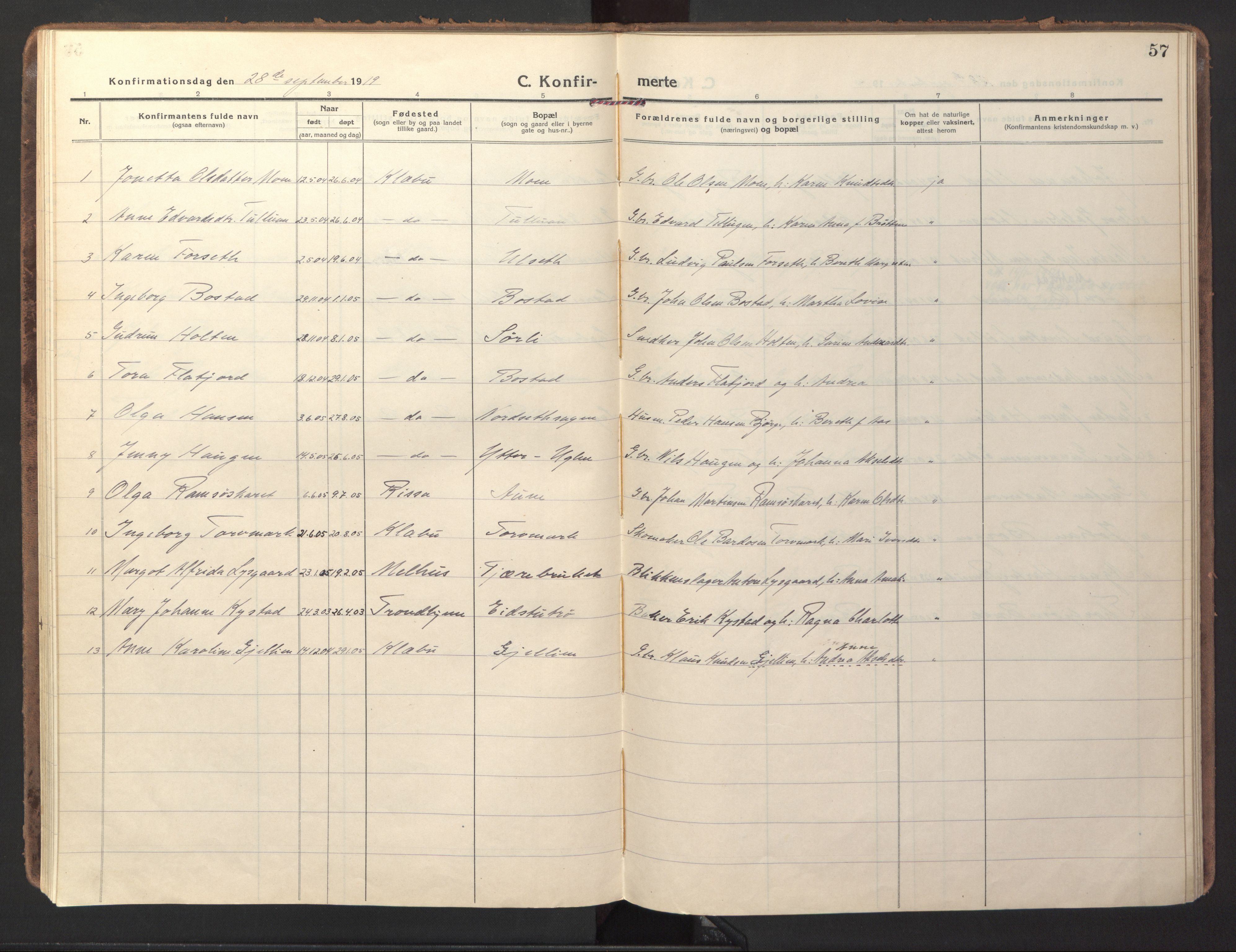 Ministerialprotokoller, klokkerbøker og fødselsregistre - Sør-Trøndelag, AV/SAT-A-1456/618/L0449: Parish register (official) no. 618A12, 1917-1924, p. 57