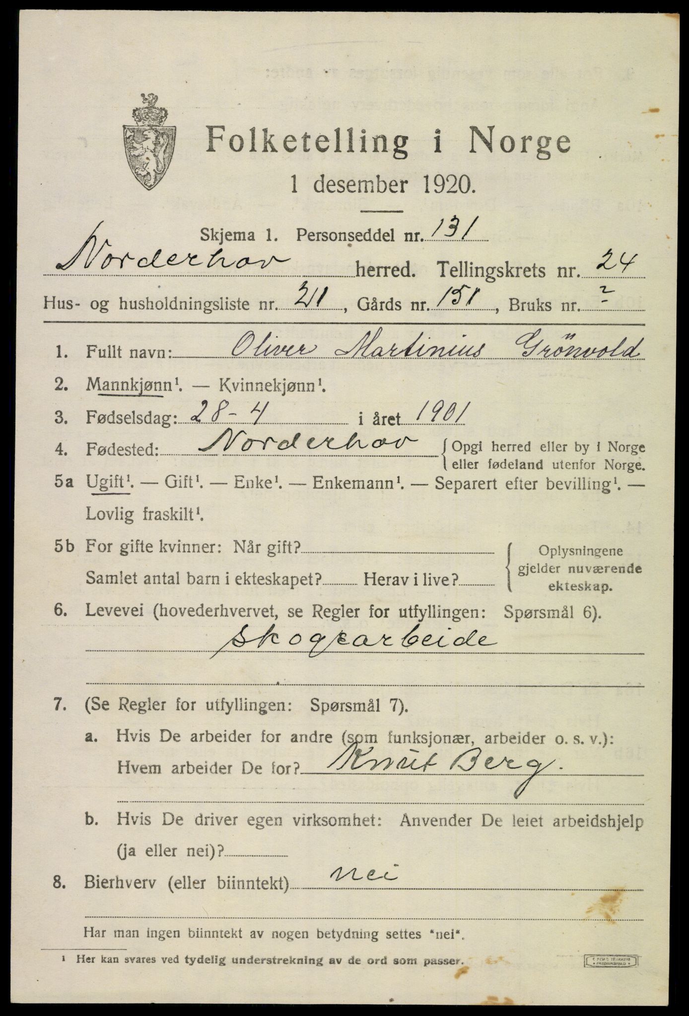 SAKO, 1920 census for Norderhov, 1920, p. 23705